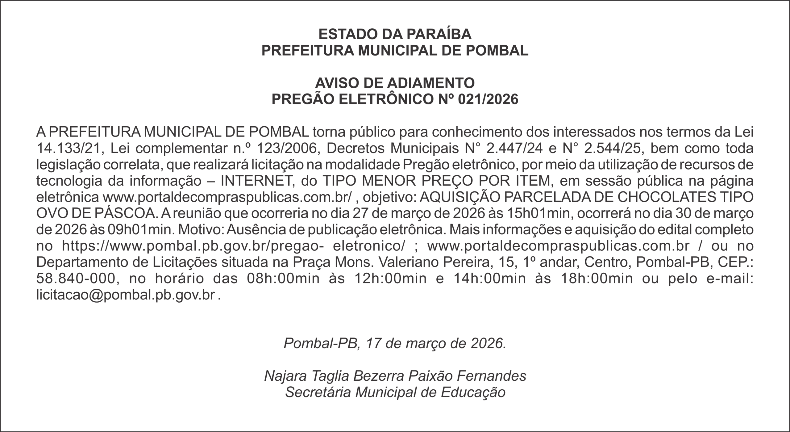PREFEITURA MUNICIPAL DE POMBAL – AVISO DE ADIAMENTO – PREGÃO ELETRÔNICO Nº 021/2026