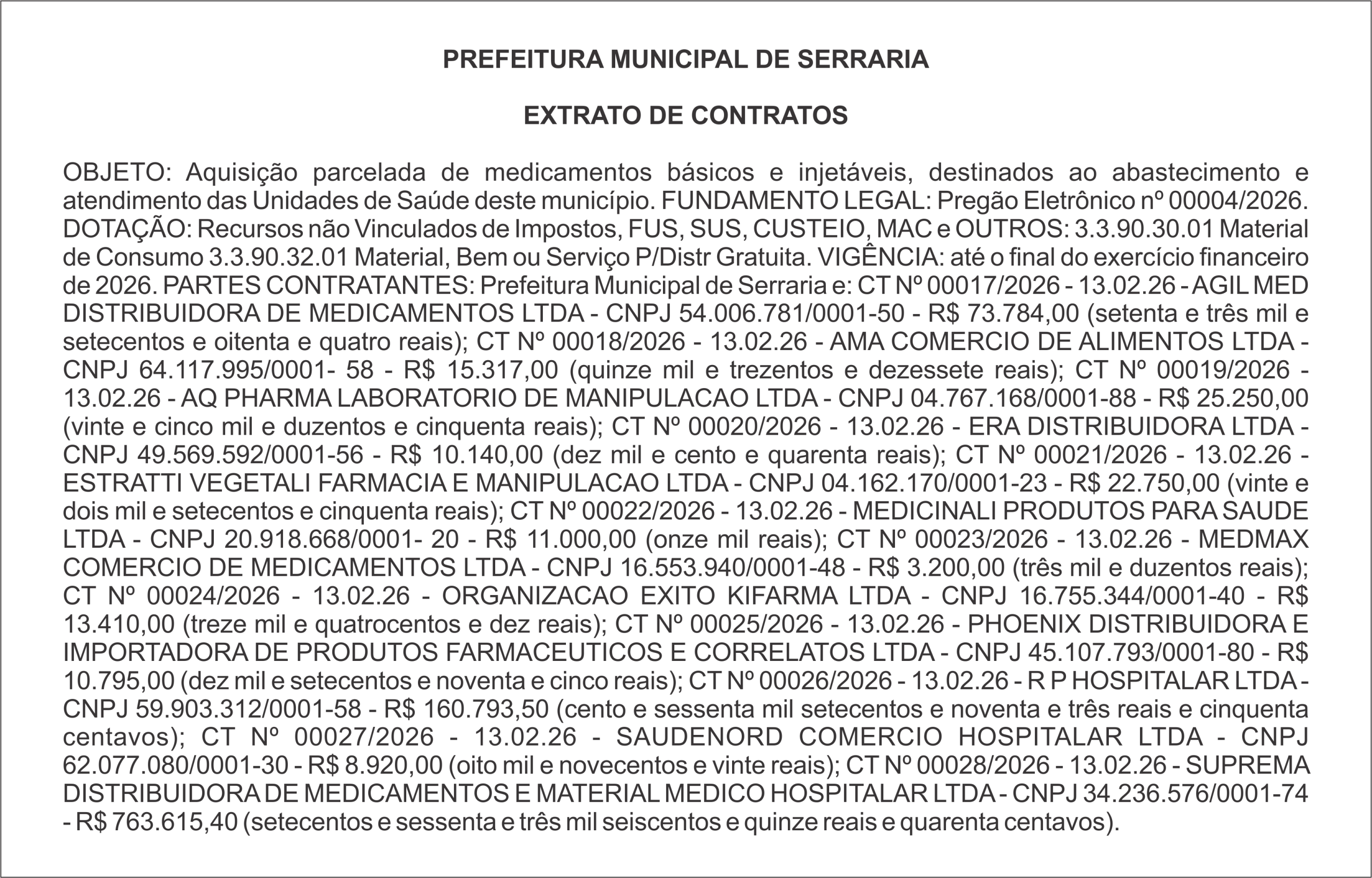 PREFEITURA MUNICIPAL DE SERRARIA – EXTRATO DE CONTRATOS