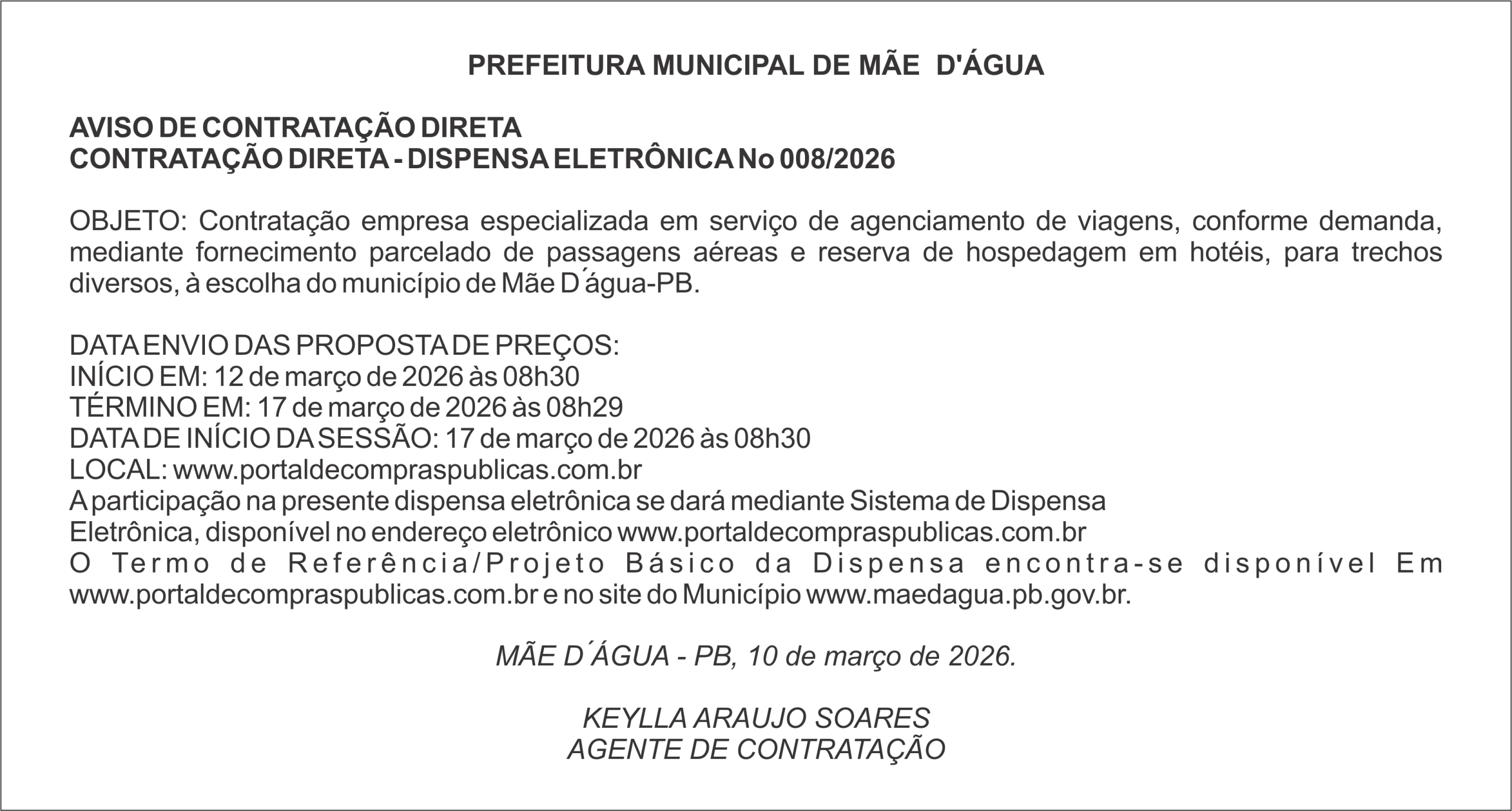 PREFEITURA DE MÃE  D’ÁGUA  – AVISO DE CONTRATAÇÃO DIRETA