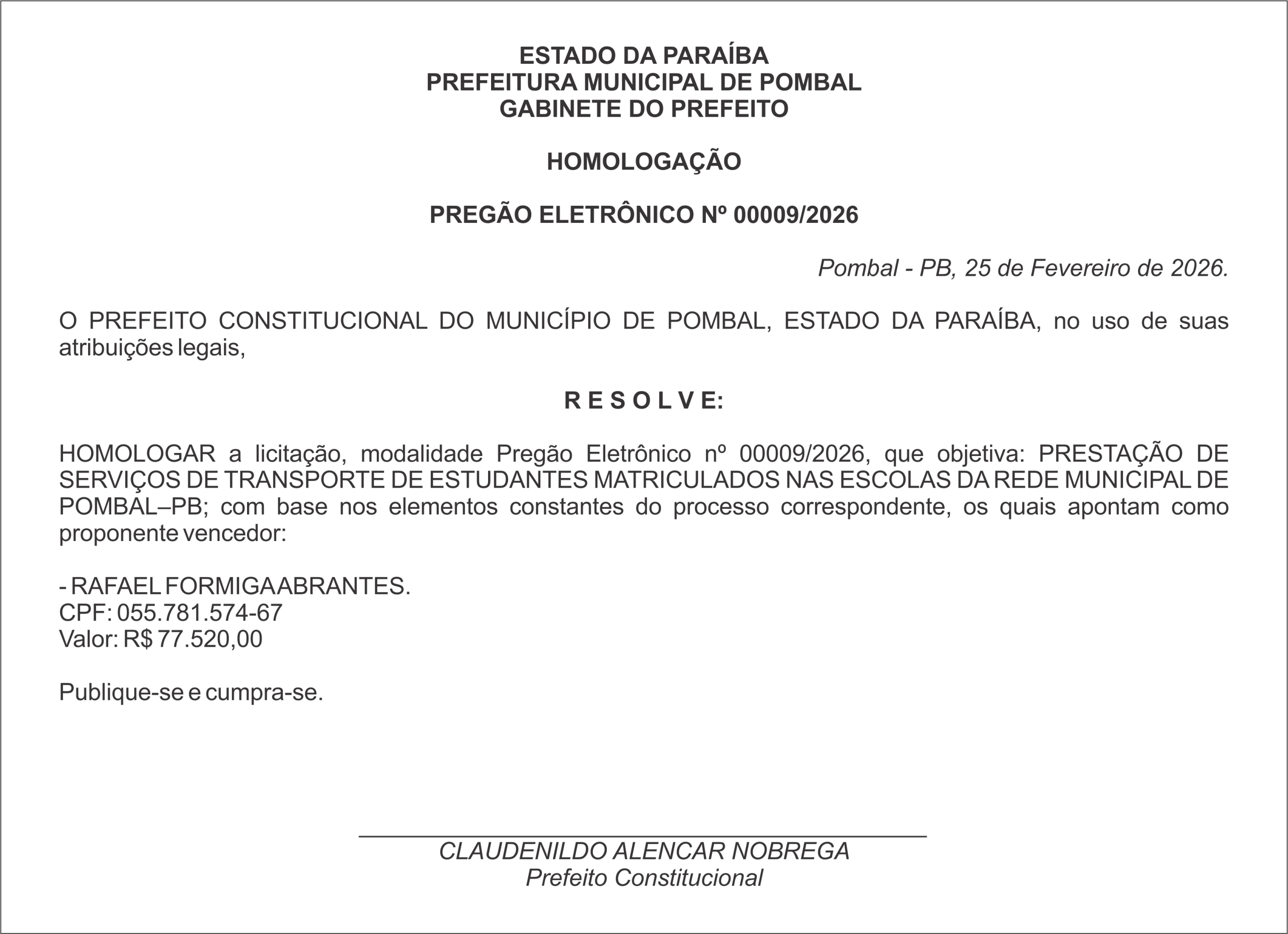 PREFEITURA MUNICIPAL DE POMBAL –  HOMOLOGAÇÃO – PREGÃO ELETRÔNICO Nº 00009/2026