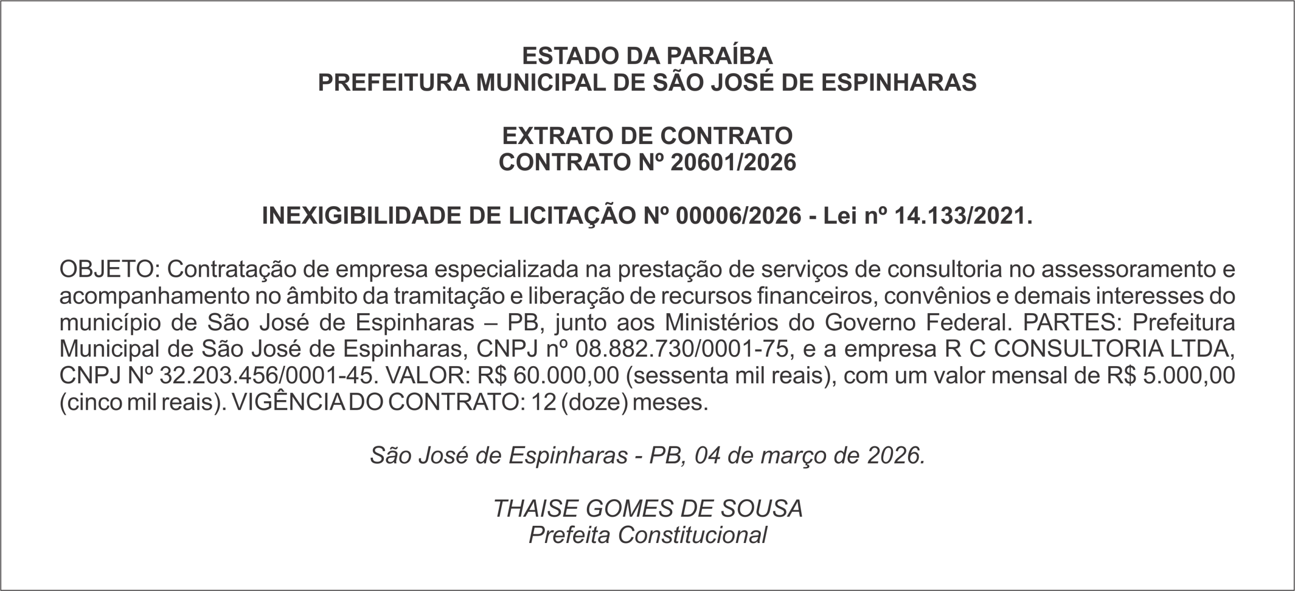 PREFEITURA MUNICIPAL DE SÃO JOSÉ DE ESPINHARAS – EXTRATO DE CONTRATO CONTRATO Nº 20601/2026