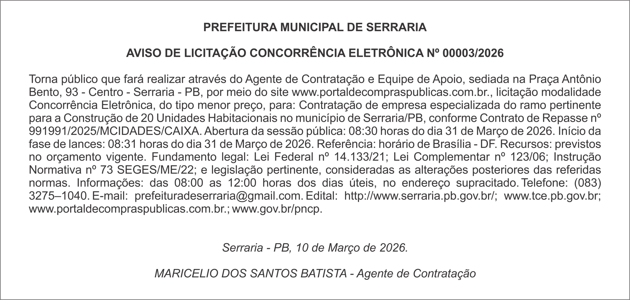 PREFEITURA MUNICIPAL DE SERRARIA  AVISO DE LICITAÇÃO CONCORRÊNCIA ELETRÔNICA Nº 00003/2026