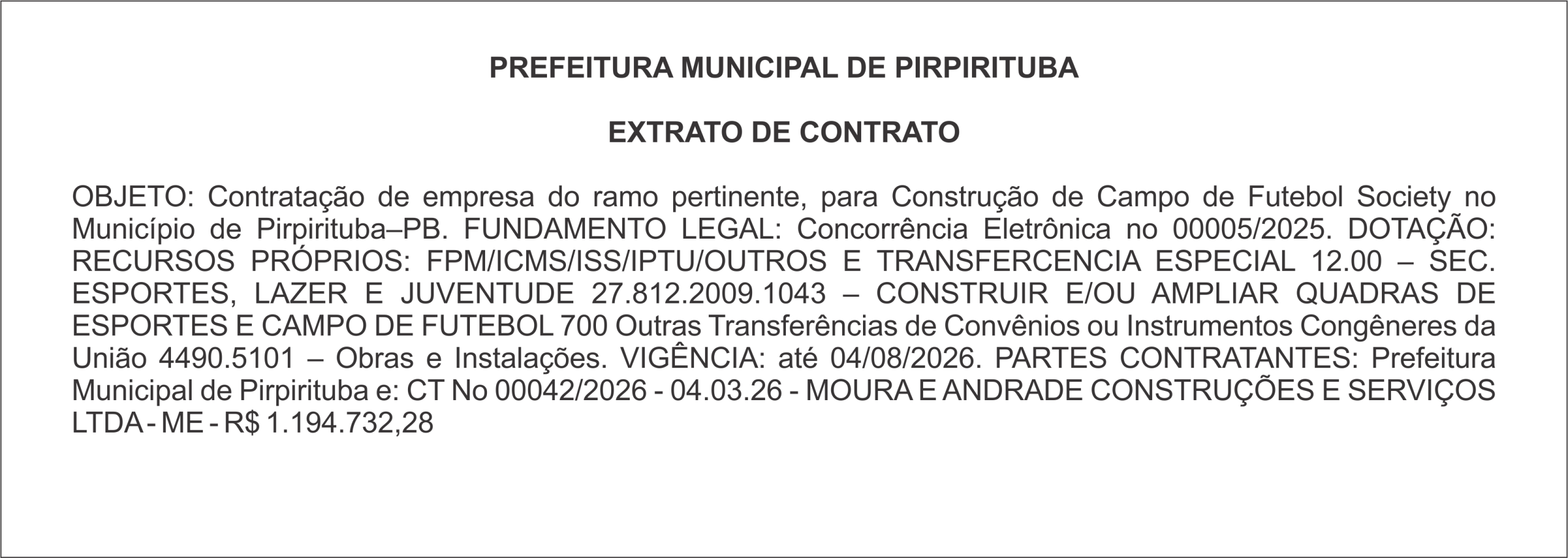 PREFEITURA MUNICIPAL DE PIRPIRITUBA – EXTRATO DE CONTRATO