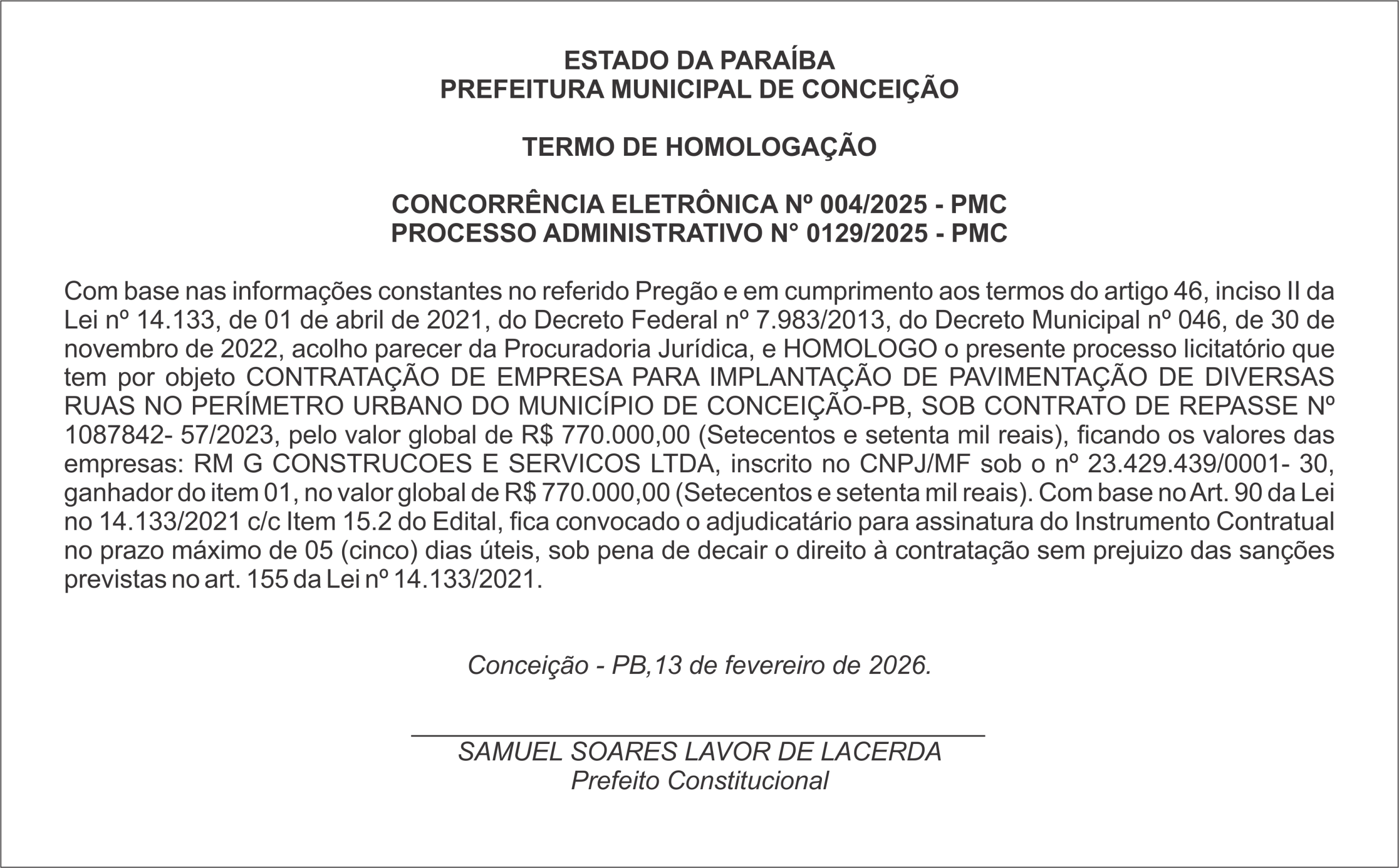 PREFEITURA MUNICIPAL DE CONCEIÇÃO – TERMO DE HOMOLOGAÇÃO