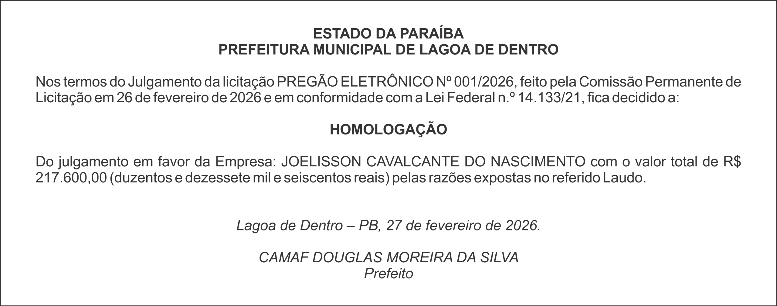 PREFEITURA MUNICIPAL DE LAGOA DE DENTRO – HOMOLOGAÇÃO