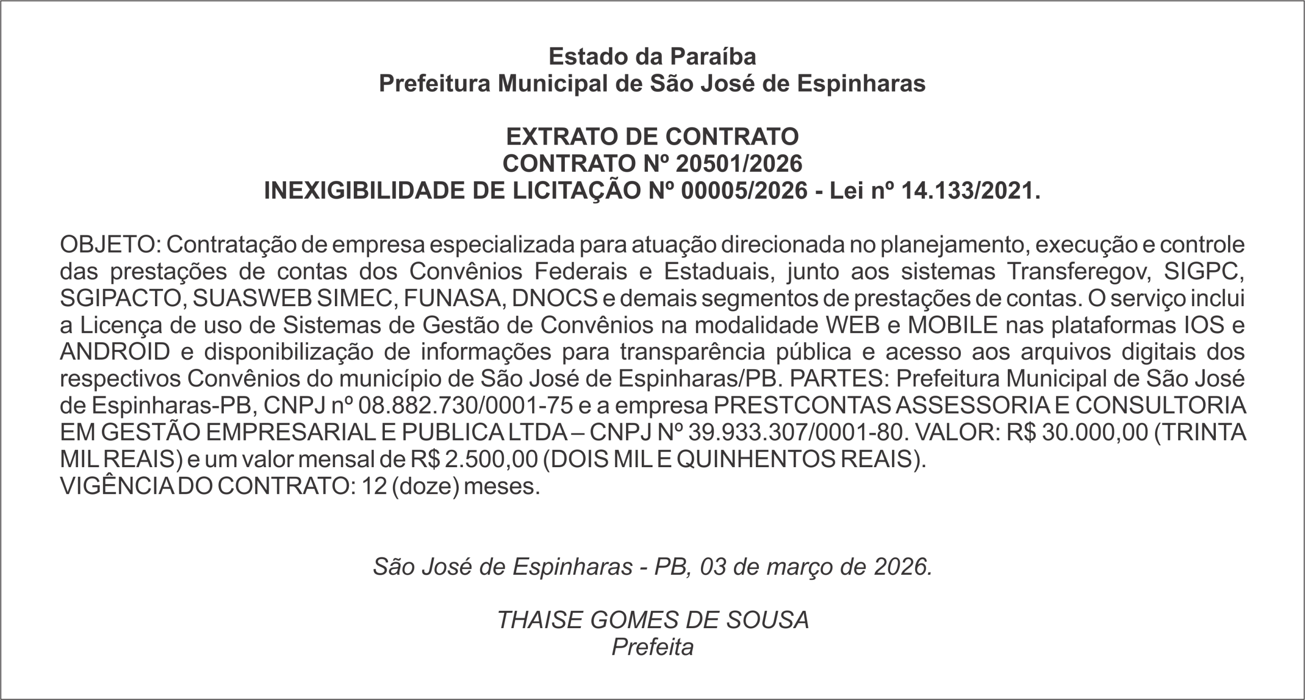 PREFEITURA DE SÃO JOSÉ DE ESPINHARAS – EXTRATO DE CONTRATO