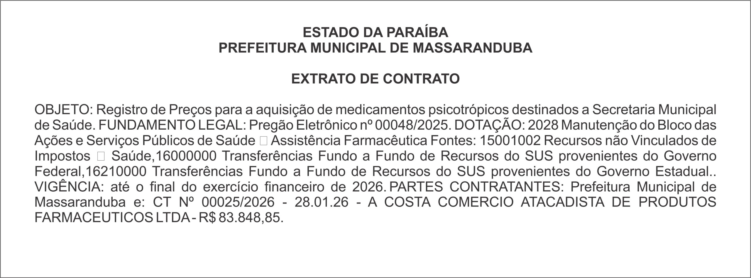 PREFEITURA MUNICIPAL DE MASSARANDUBA – EXTRATO DE CONTRATO