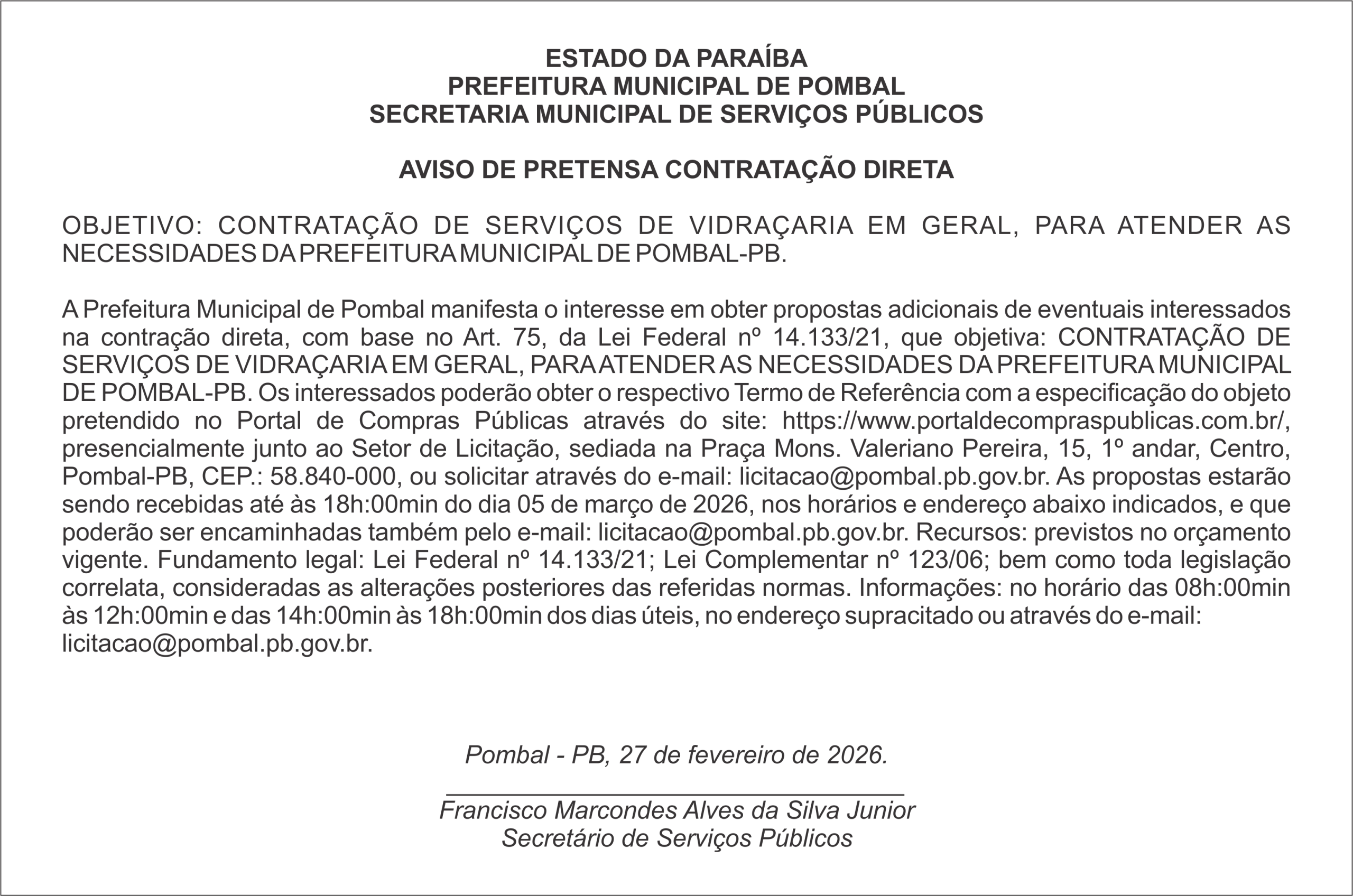 PREFEITURA MUNICIPAL DE POMBAL – AVISO DE PRETENSA CONTRATAÇÃO DIRETA