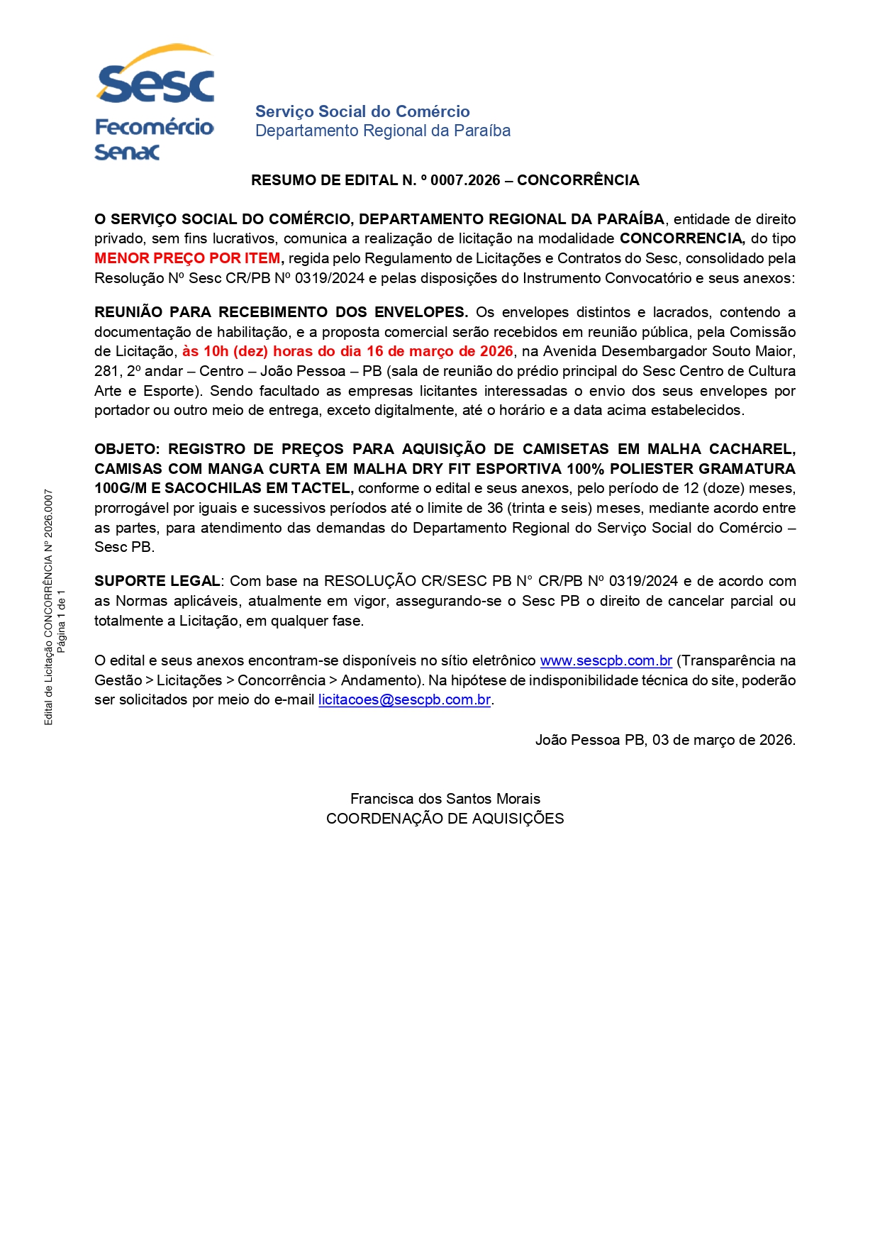 SESC – RESUMO DE EDITAL N. º 0007.2026 – CONCORRÊNCIA