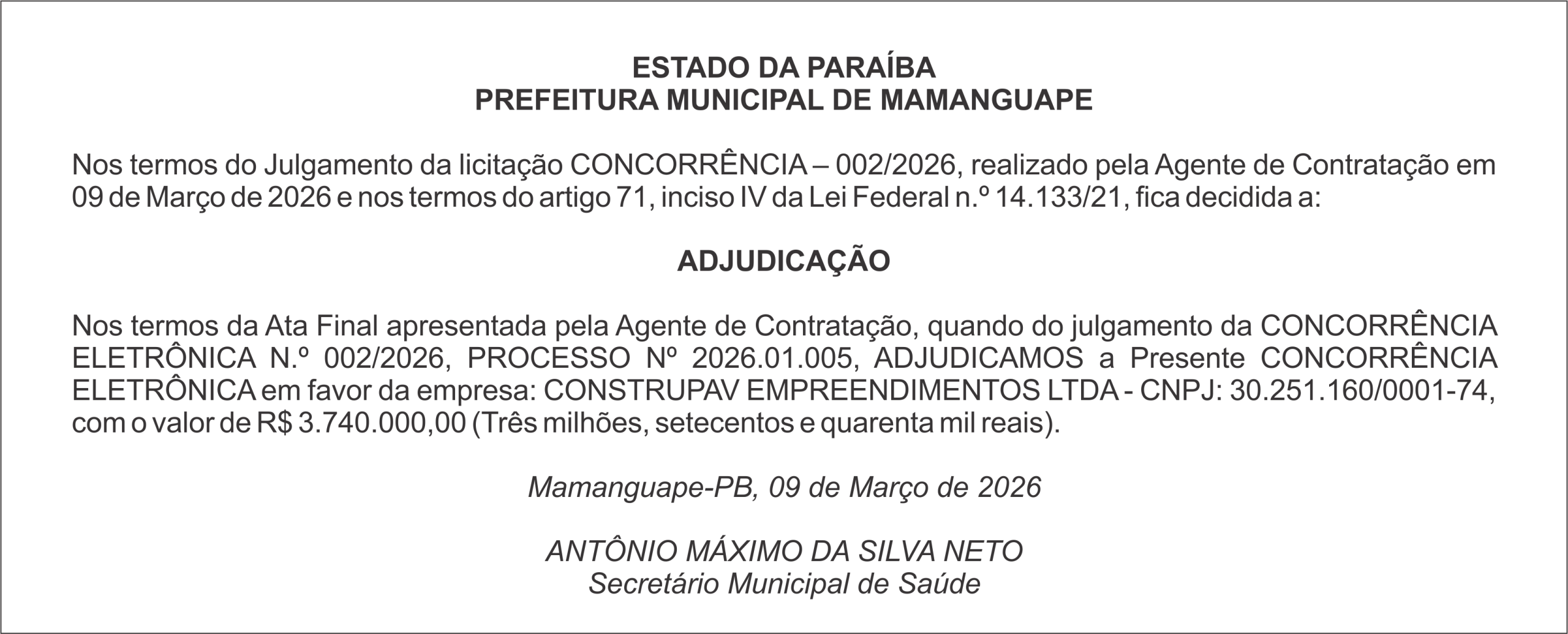 PREFEITURA MUNICIPAL DE MAMANGUAPE – ADJUDICAÇÃO