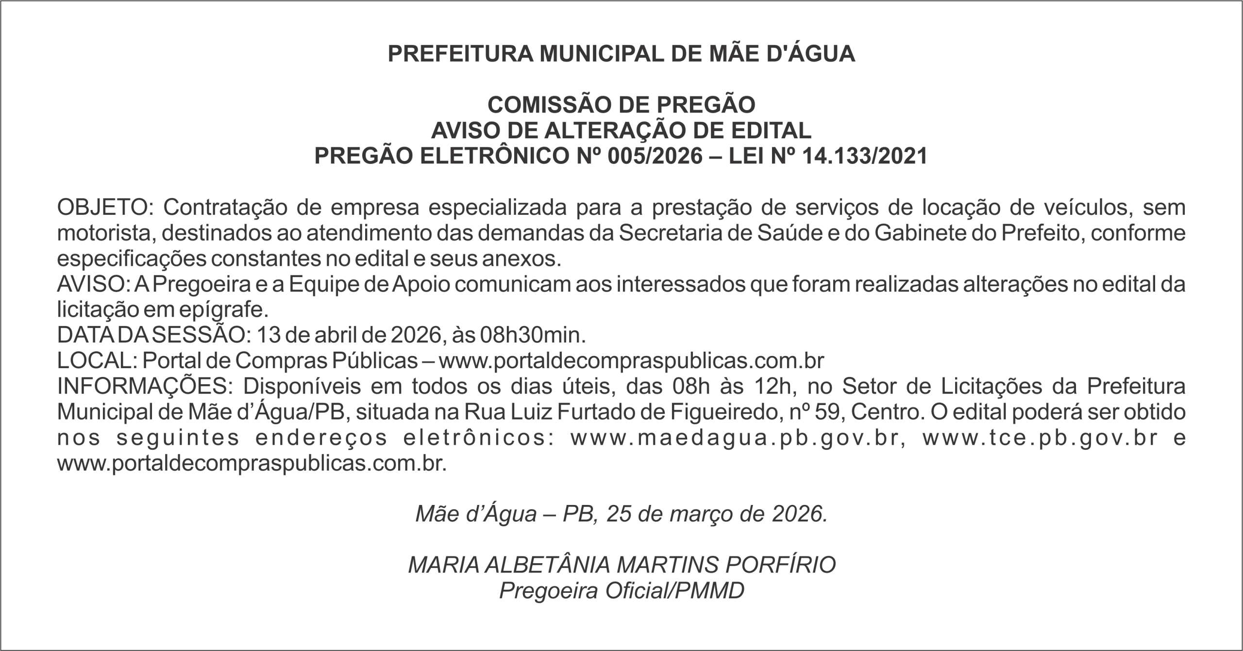 PREFEITURA DE MÃE D’ÁGUA – AVISO DE ALTERAÇÃO DE EDITAL PREGÃO ELETRÔNICO Nº 005/2026