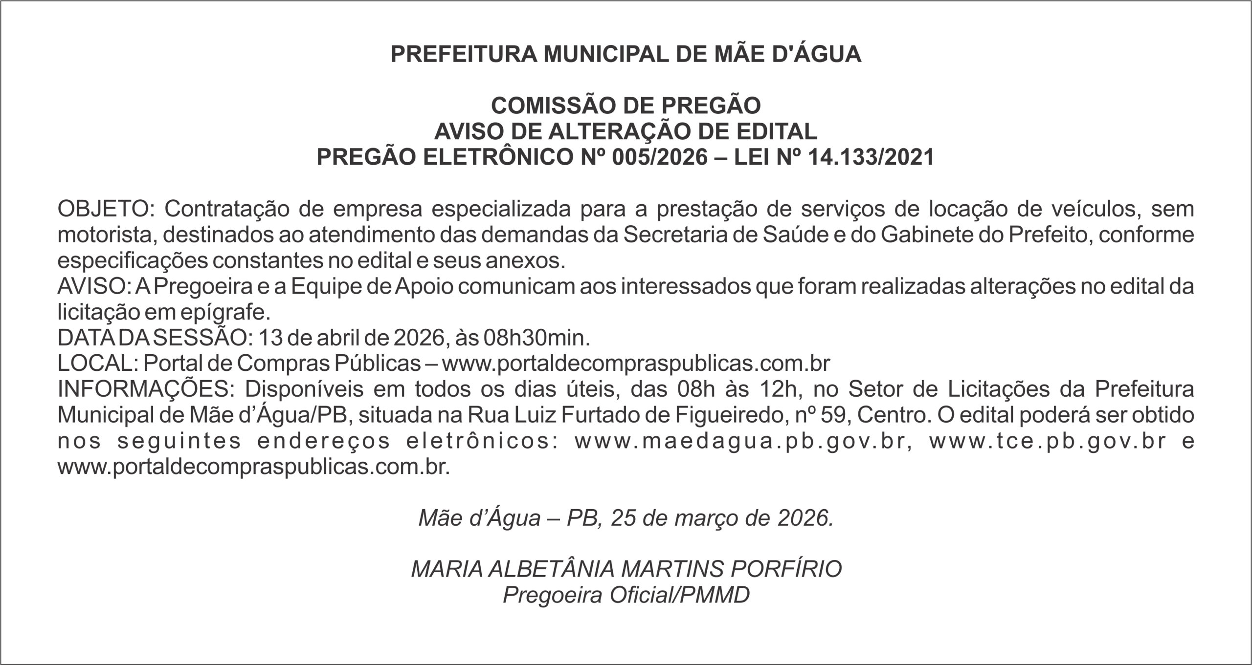 PREFEITURA DE MÃE D’ÁGUA – AVISO DE ALTERAÇÃO DE EDITAL PREGÃO ELETRÔNICO Nº 005/2026