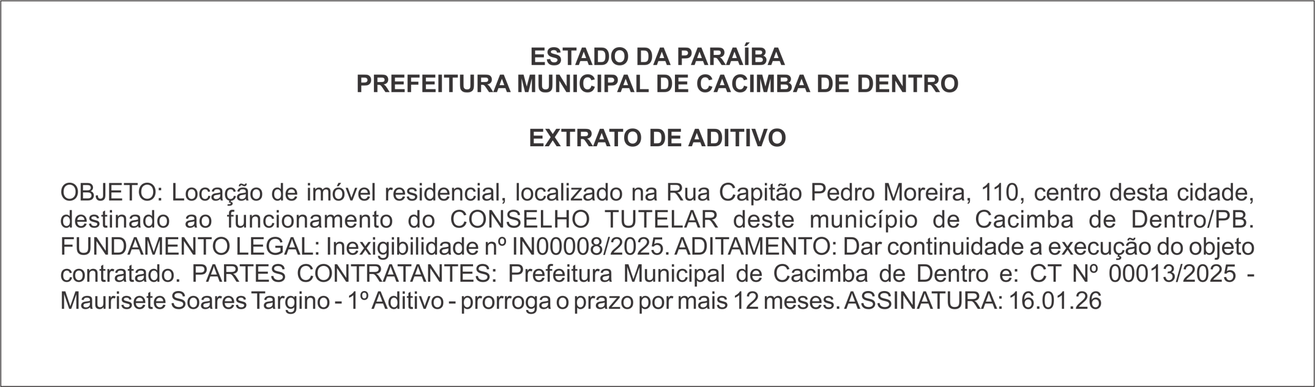 PREFEITURA MUNICIPAL DE CACIMBA DE DENTRO   EXTRATO DE ADITIVO