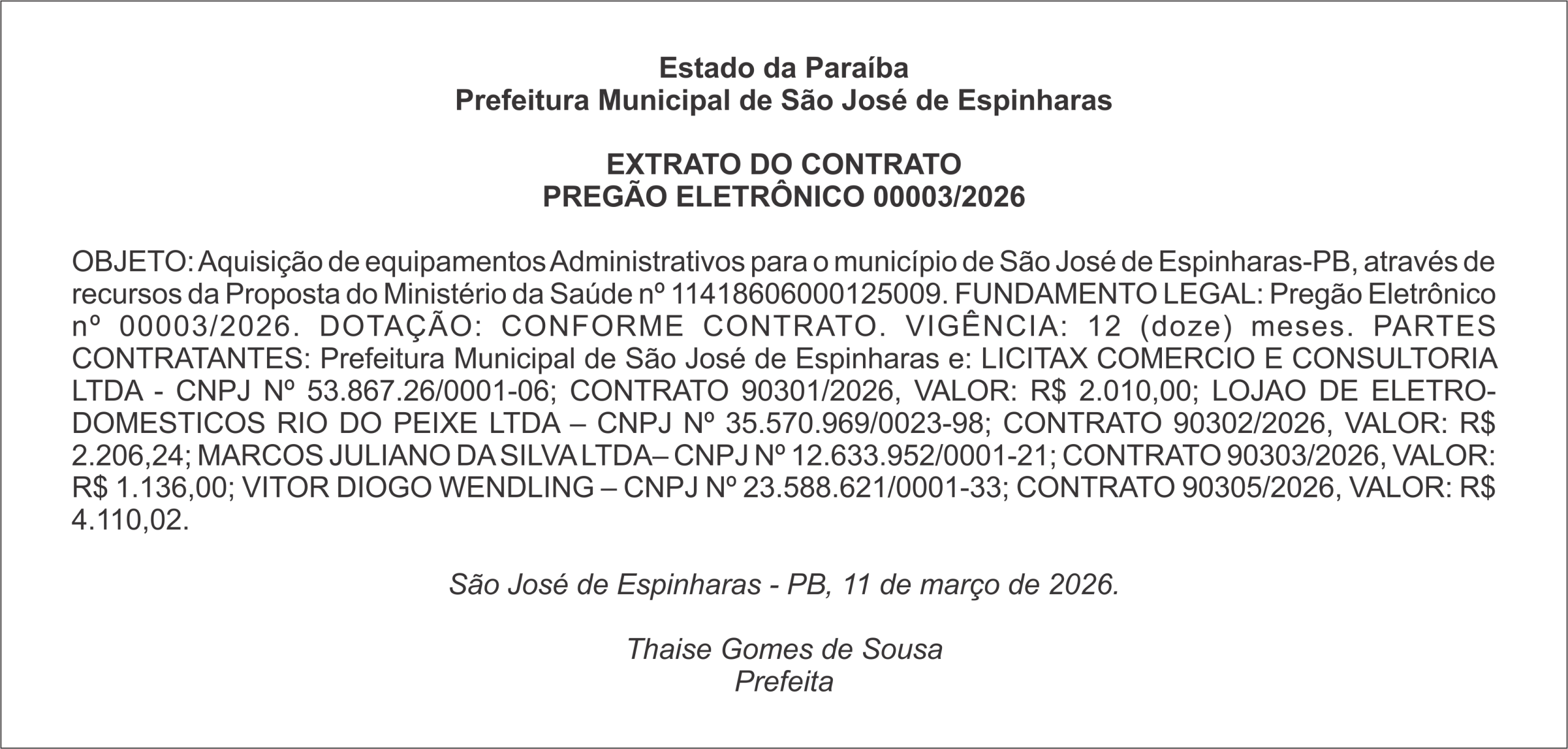 PREFEITURA DE SÃO JOSÉ DE ESPINHARAS  – EXTRATO DO CONTRATO