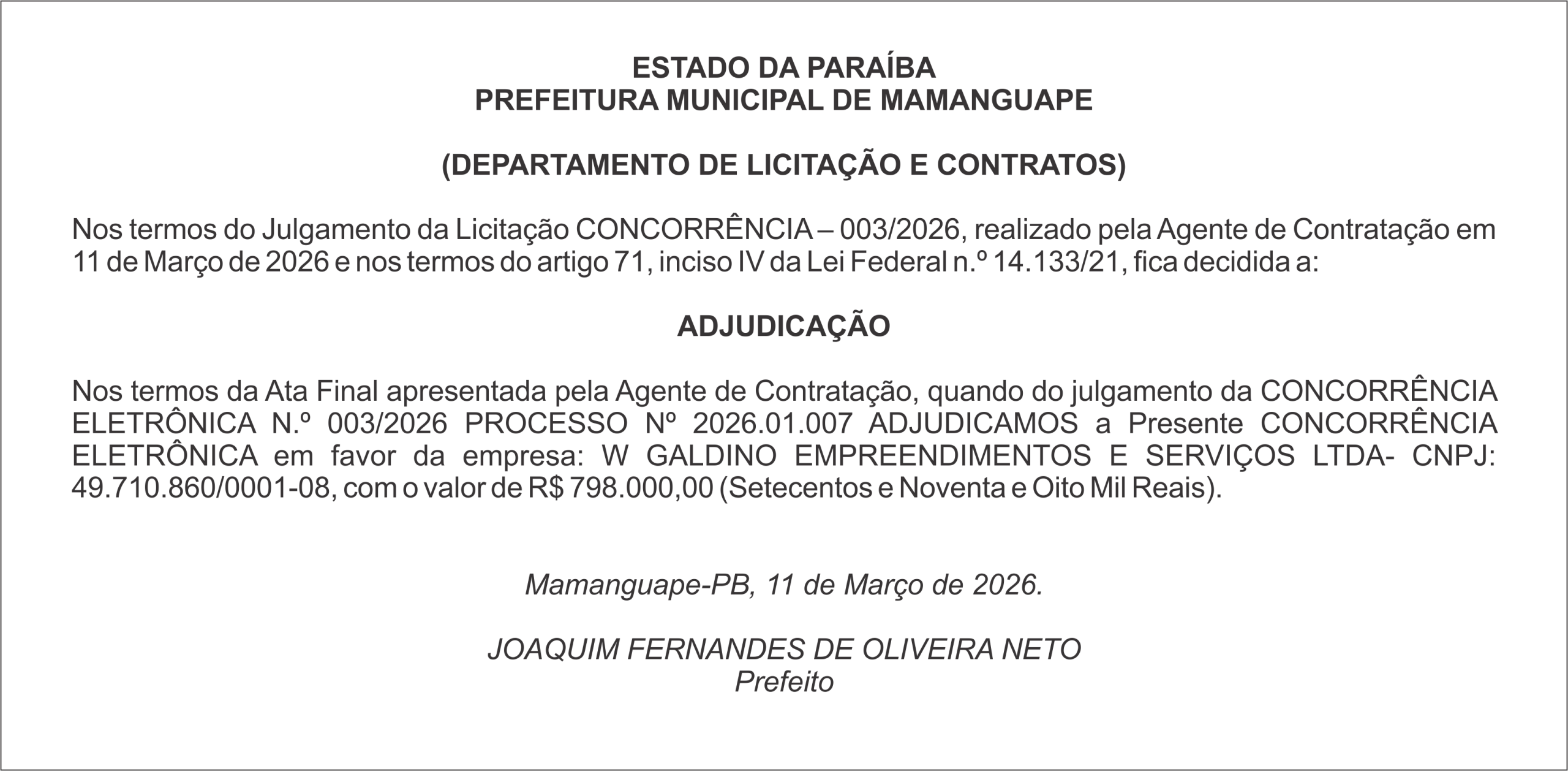 PREFEITURA MUNICIPAL DE MAMANGUAPE  – ADJUDICAÇÃO