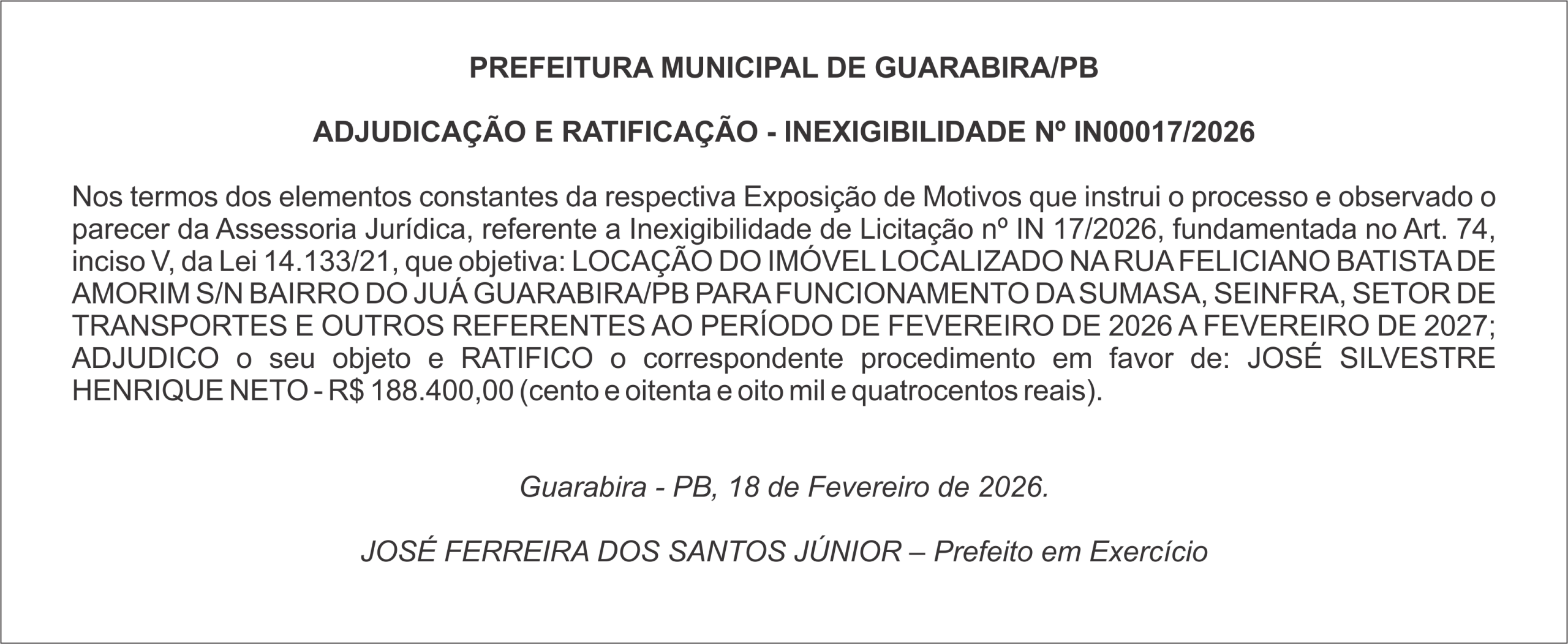 PREFEITURA MUNICIPAL DE GUARABIRA/PB ADJUDICAÇÃO E RATIFICAÇÃO – INEXIGIBILIDADE Nº IN00017/2026