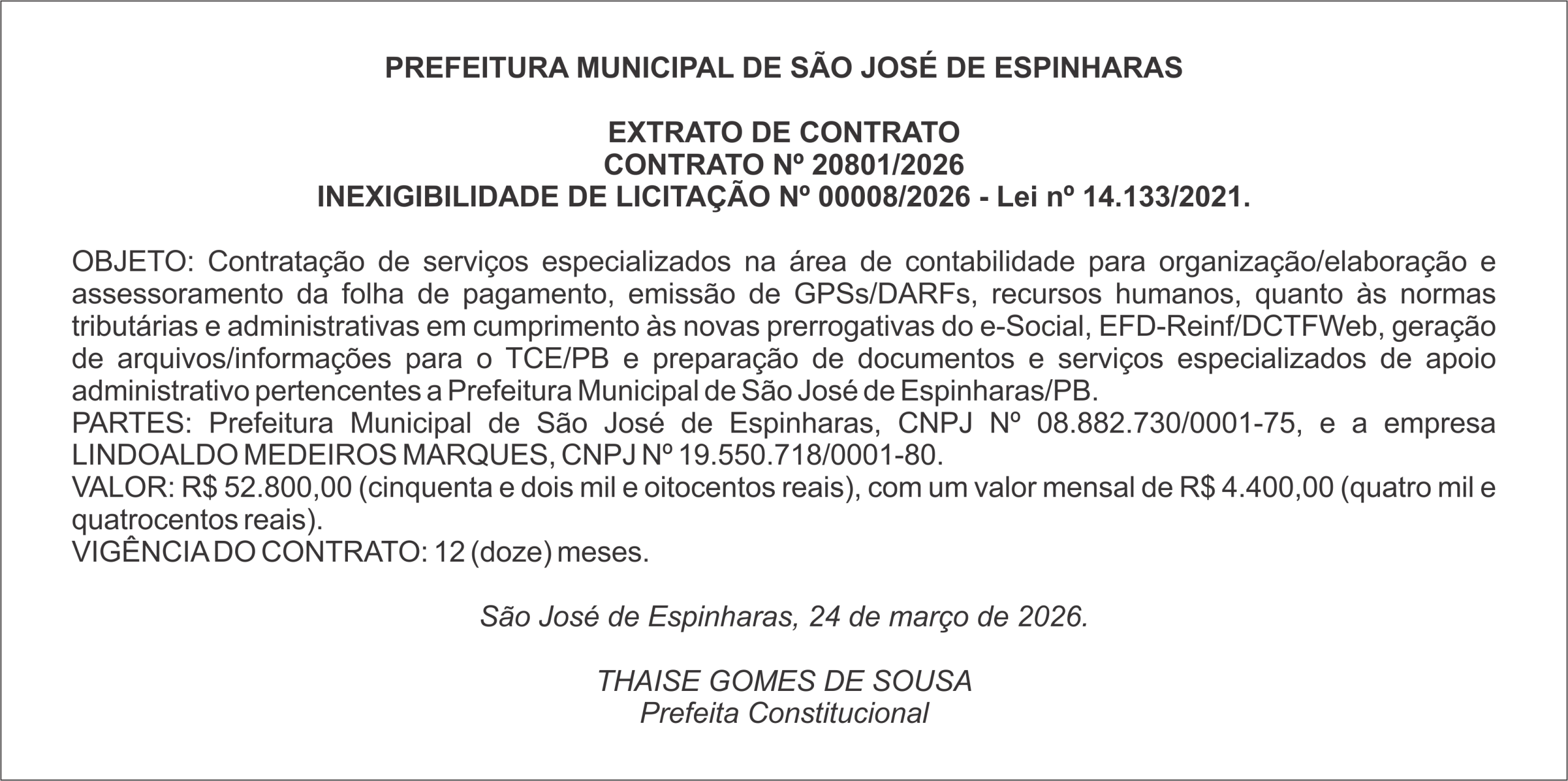 PREFEITURA DE SÃO JOSÉ DE ESPINHARAS  – EXTRATO DO CONTRATO