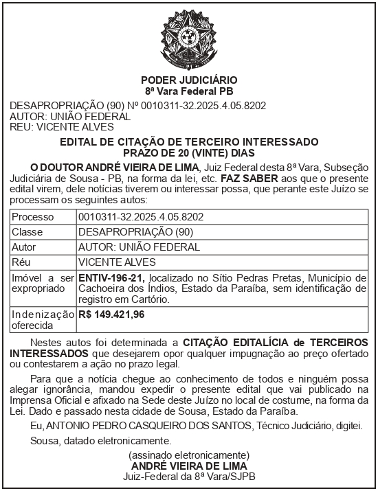 SECRETARIA NACIONAL DE SEGURANÇA HIDRICA – SNSH – MDR – DF – BRASÍLIA – Edital de Citação de Terceiro Interessado – ENTIV-196-21 (VICENTE ALVES)