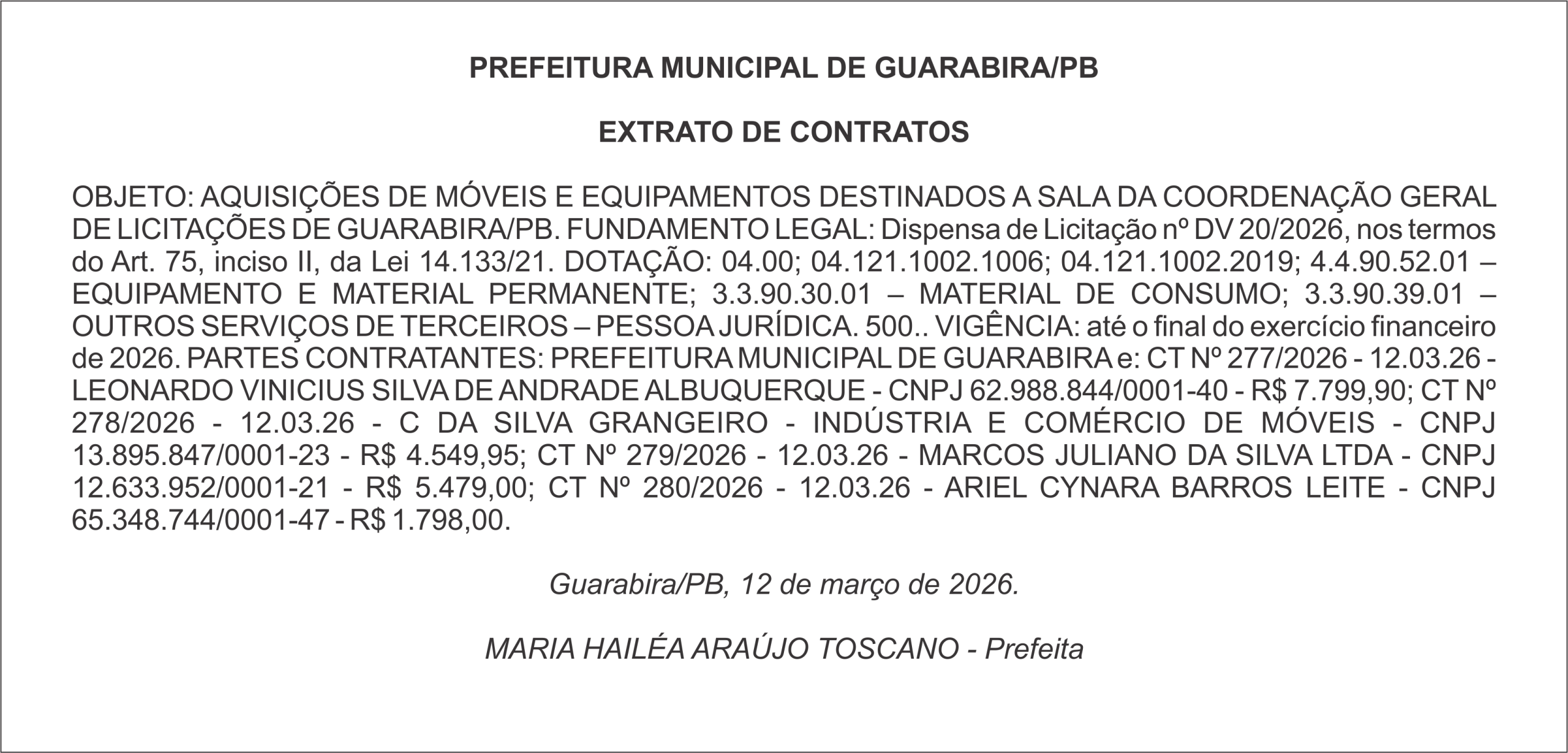 PREFEITURA MUNICIPAL DE GUARABIRA/PB – EXTRATO DE CONTRATO