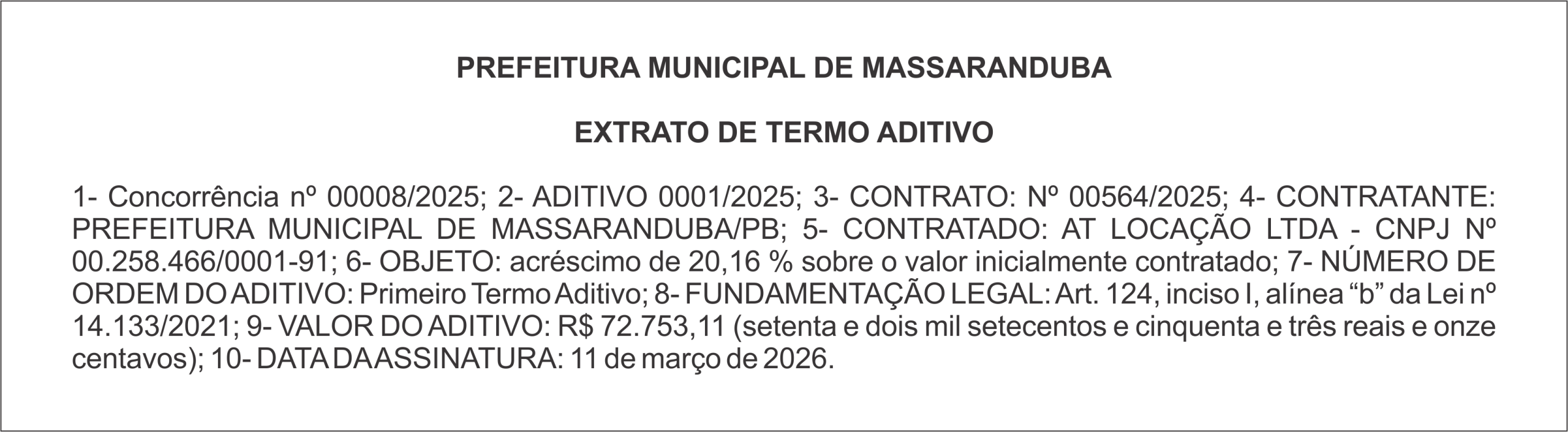 PREFEITURA DE MASSARANDUBA  – EXTRATO DE TERMO ADITIVO