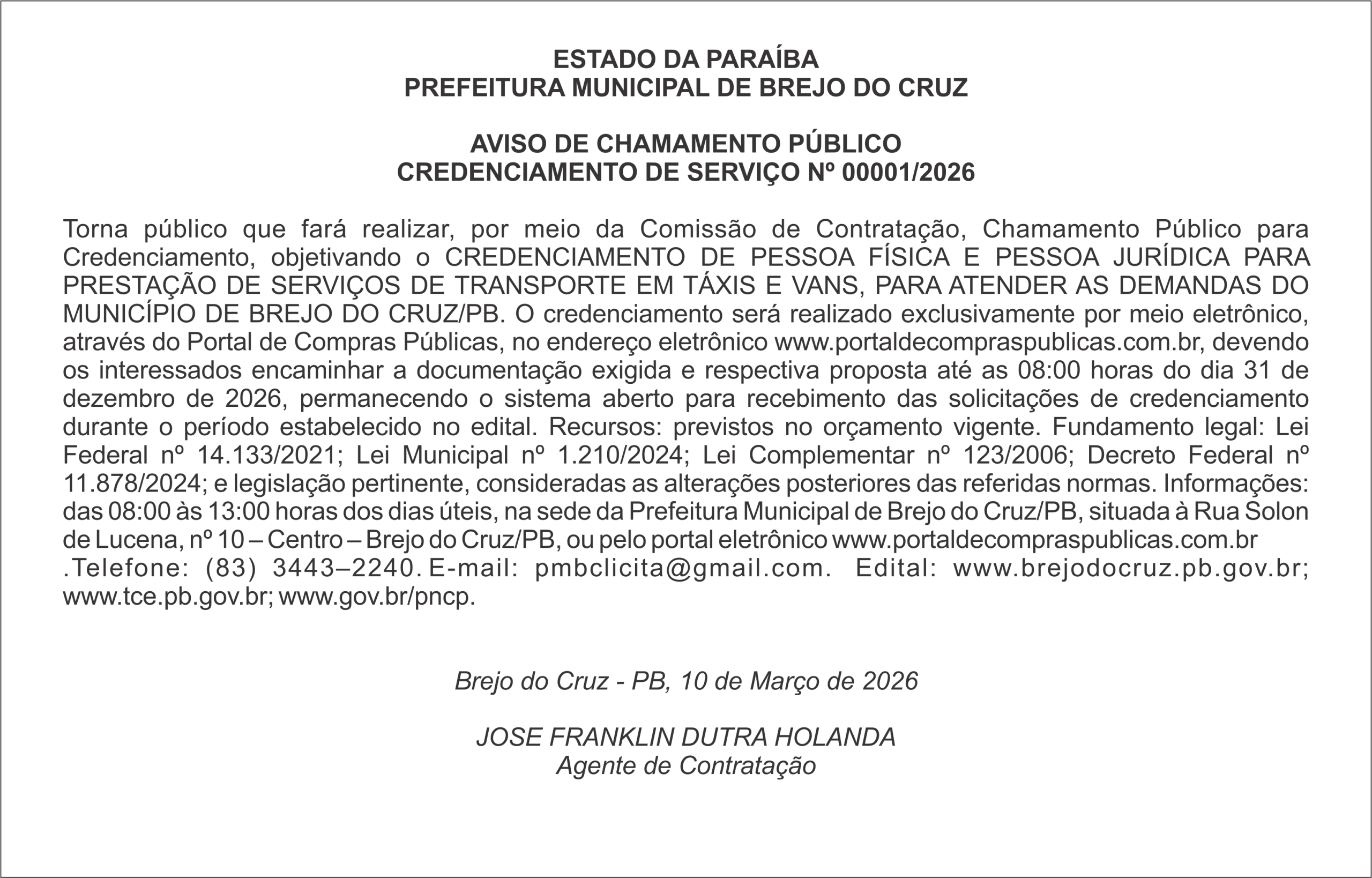 PREFEITURA MUNICIPAL DE BREJO DO CRUZ – AVISO DE CHAMAMENTO PÚBLICO CREDENCIAMENTO DE SERVIÇO Nº 00001/2026