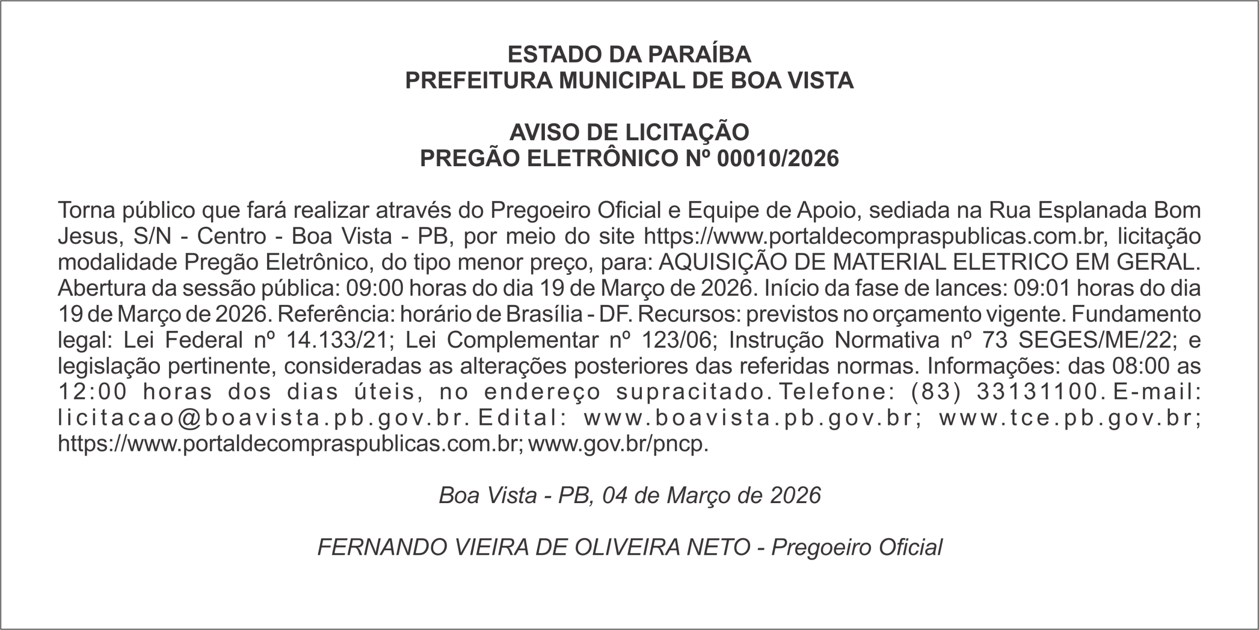 PREFEITURA MUNICIPAL DE BOA VISTA – AVISO DE LICITAÇÃO PREGÃO ELETRÔNICO Nº 00010/2026