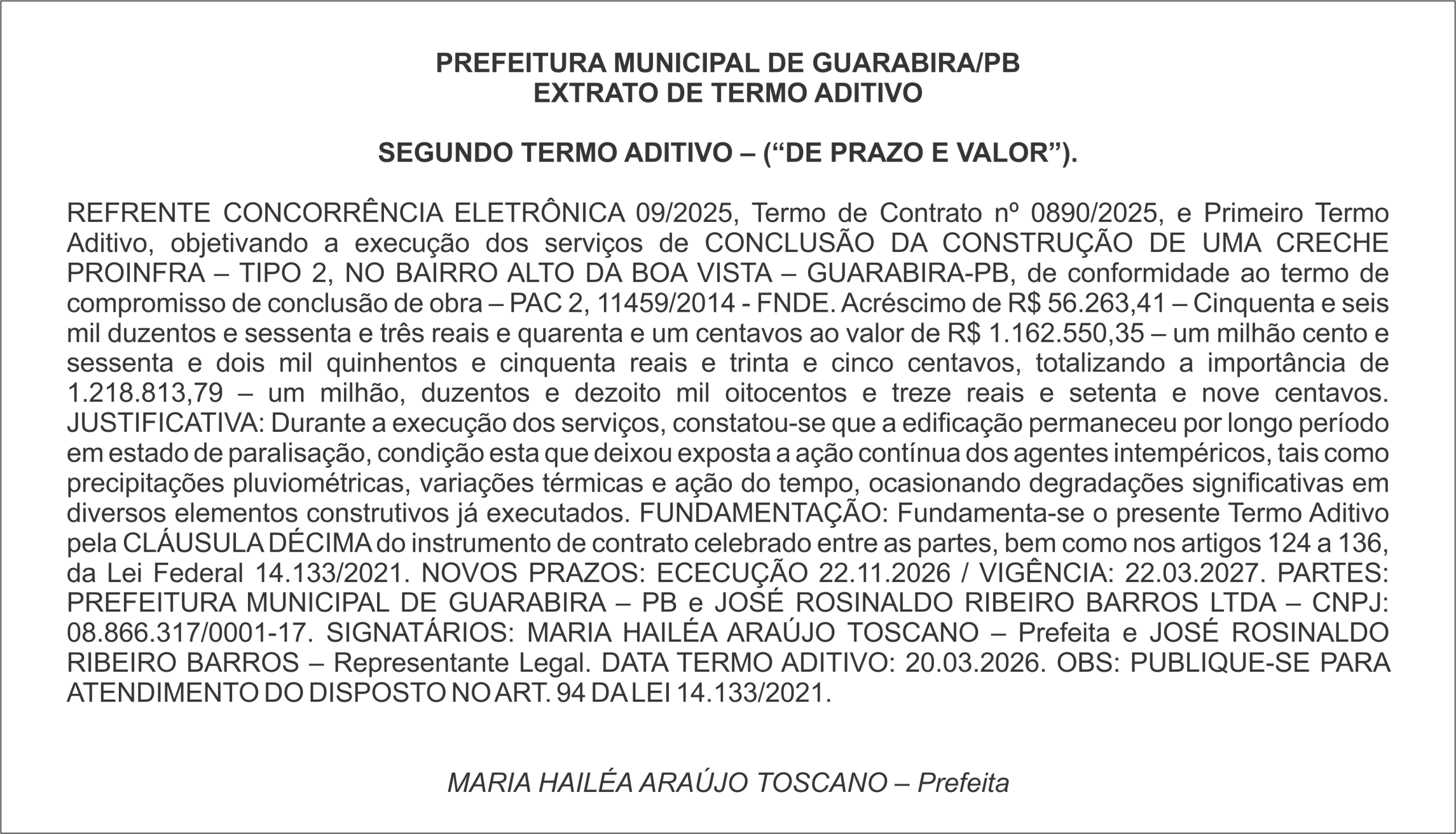 PREFEITURA MUNICIPAL DE GUARABIRA/PB EXTRATO DE TERMO ADITIVO
