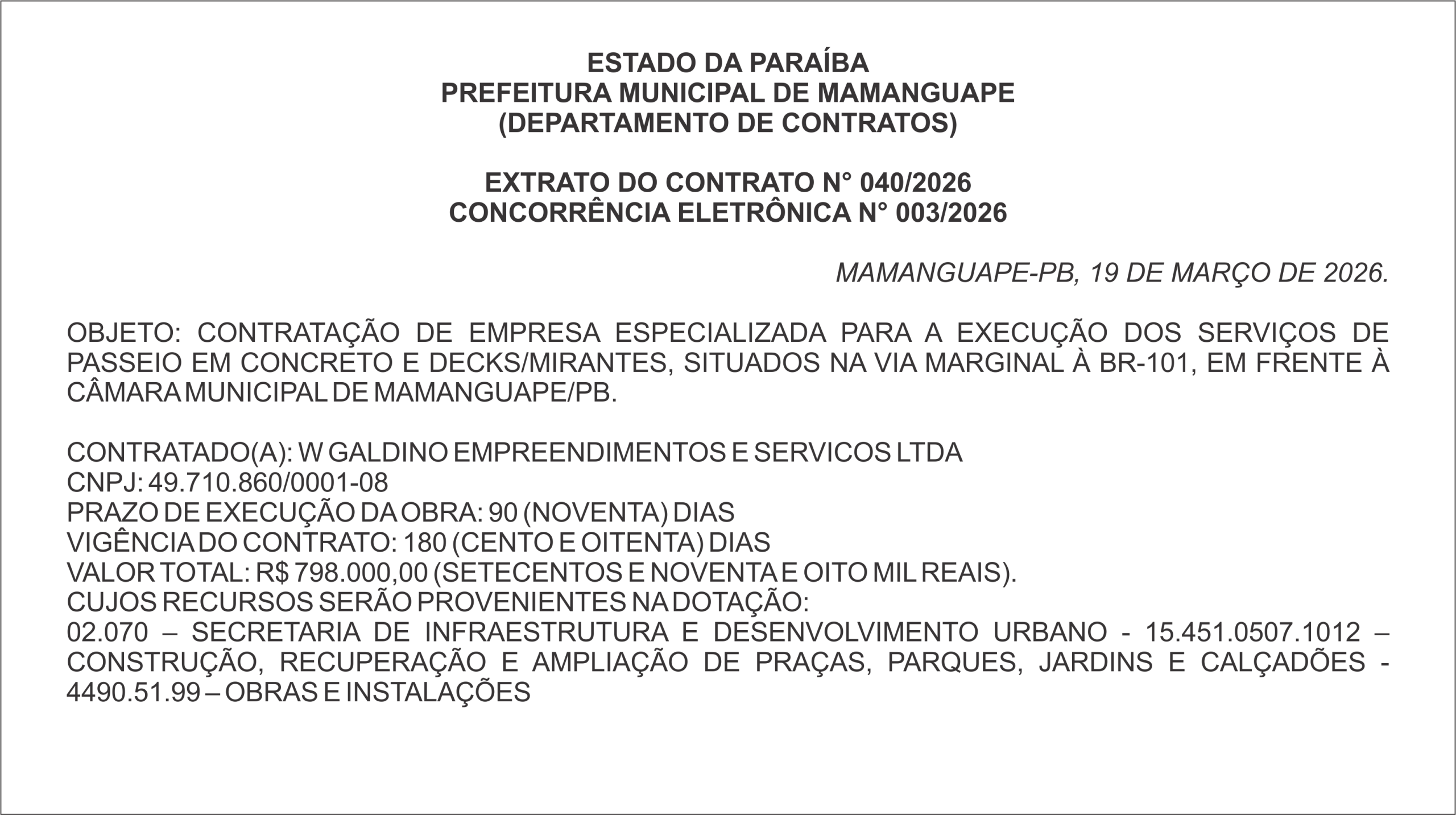 PREFEITURA MUNICIPAL DE MAMANGUAPE – EXTRATO DO CONTRATO N° 040/2026 – CONCORRÊNCIA ELETRÔNICA N° 003/2026