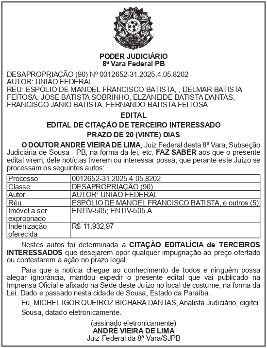 SECRETARIA NACIONAL DE SEGURANÇA HIDRICA – SNSH – MDR – DF – BRASÍLIA – Edital de Citação de Terceiro Interessado – ENTIV-505, ENTIV-505.A (ESPÓLIO DE MANOEL FRANCISCO BATISTA)