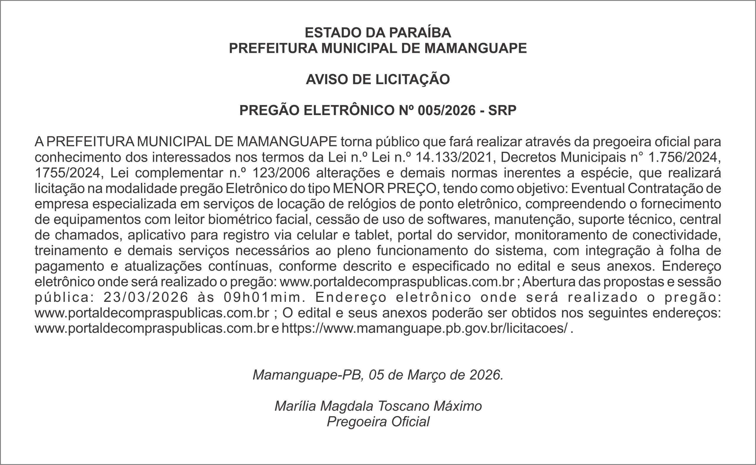 PREFEITURA MUNICIPAL DE MAMANGUAPE  AVISO DE LICITAÇÃO  PREGÃO ELETRÔNICO Nº 005/2026 – SRP