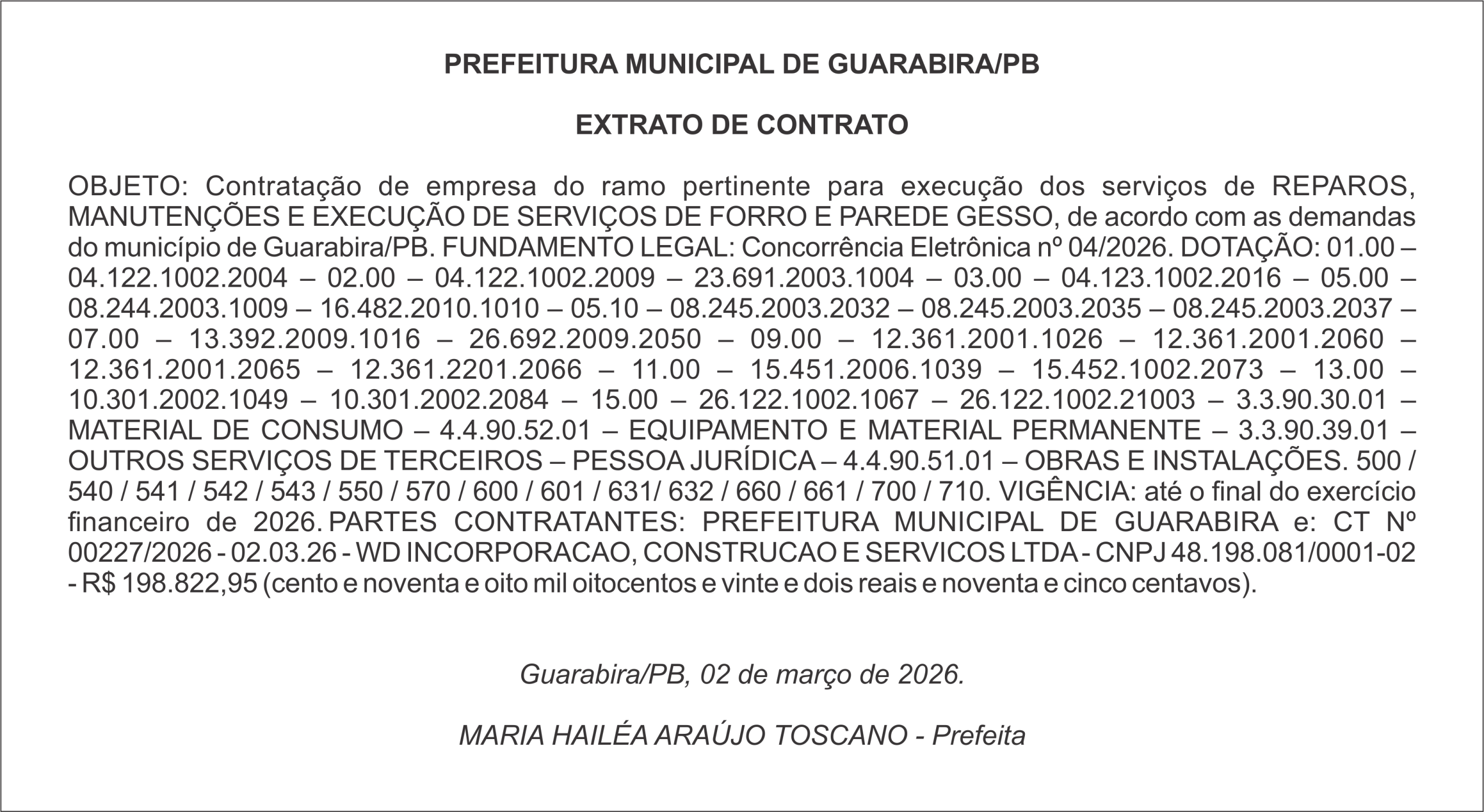 PREFEITURA MUNICIPAL DE GUARABIRA/PB  EXTRATO DE CONTRATO