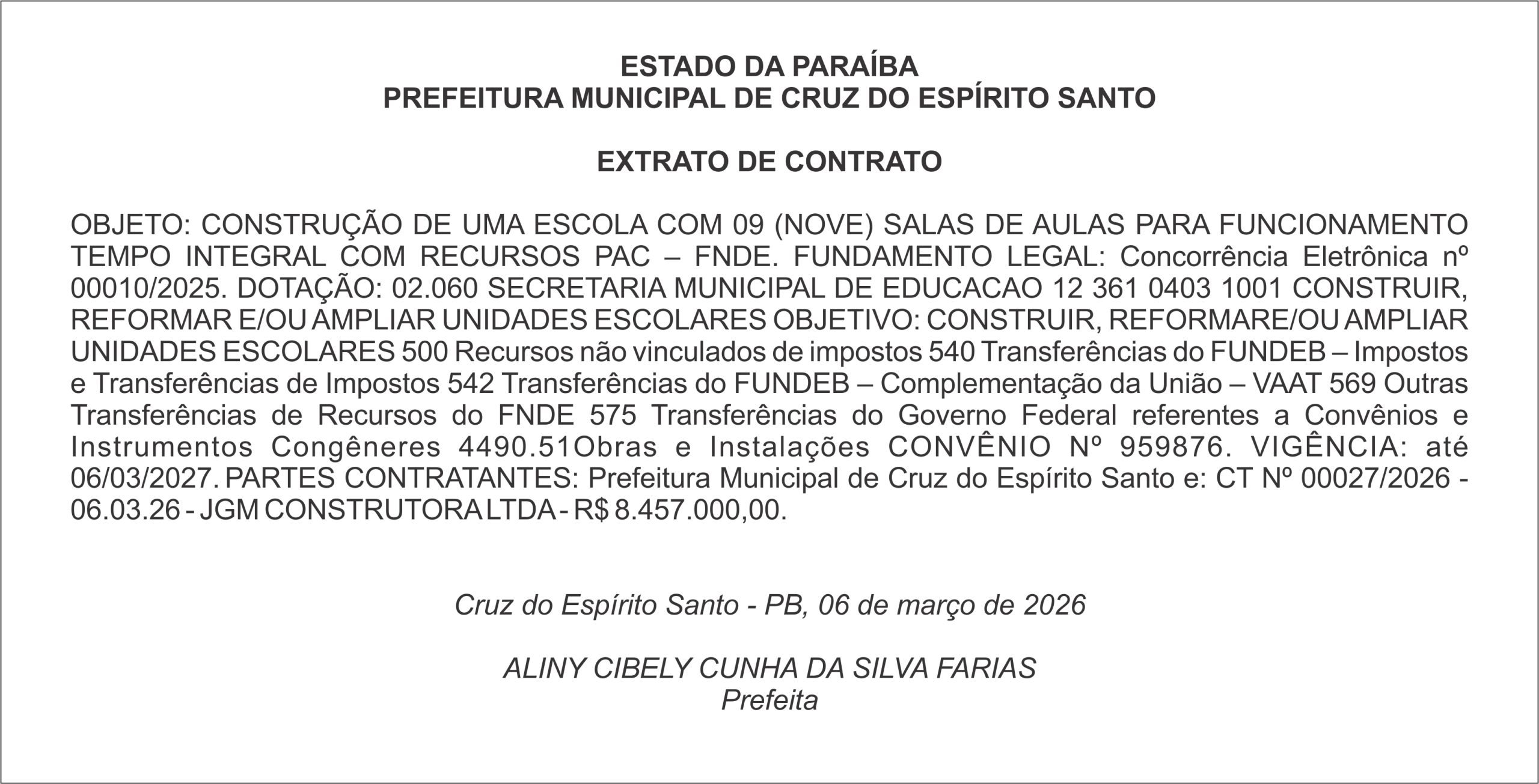 PREFEITURA MUNICIPAL DE CRUZ DO ESPÍRITO SANTO    EXTRATO DE CONTRATO