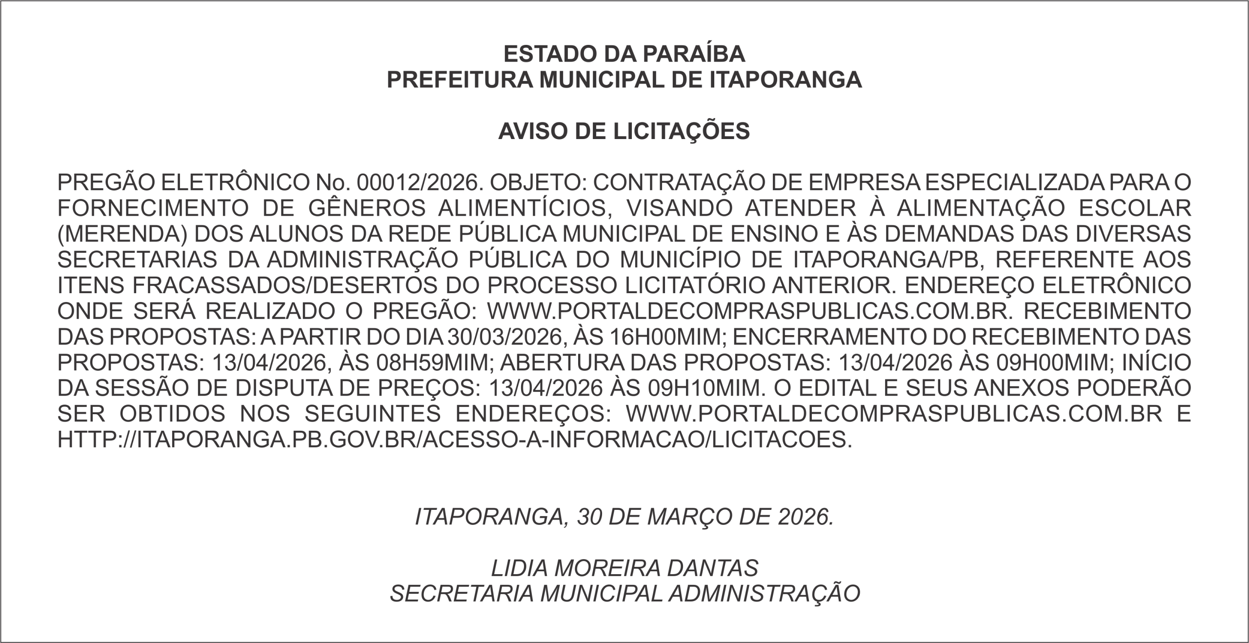 PREFEITURA MUNICIPAL DE ITAPORANGA – AVISO DE LICITAÇÕES  PREGÃO ELETRÔNICO No. 00012/2026.