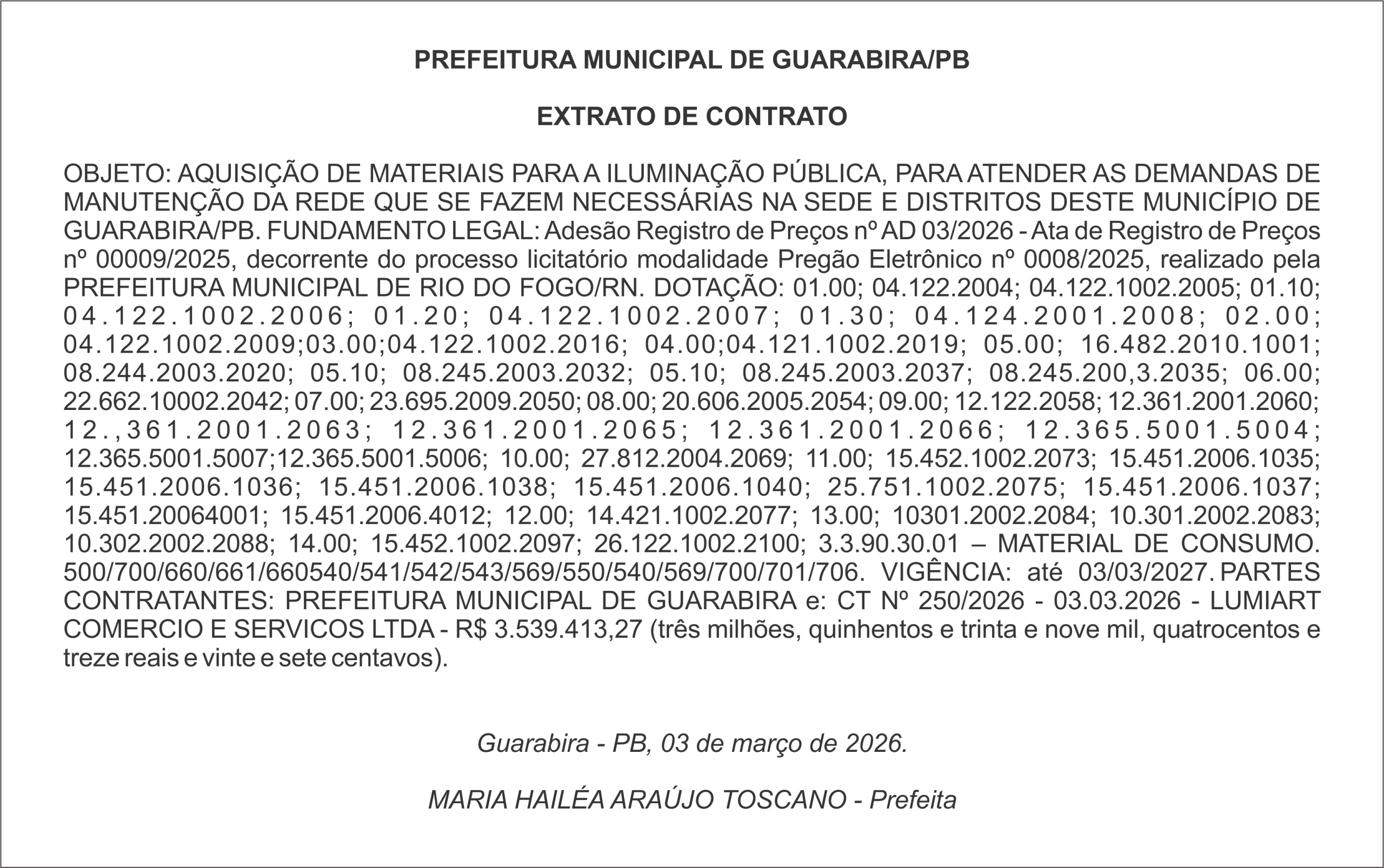 PREFEITURA MUNICIPAL DE GUARABIRA/PB EXTRATO DE CONTRATO