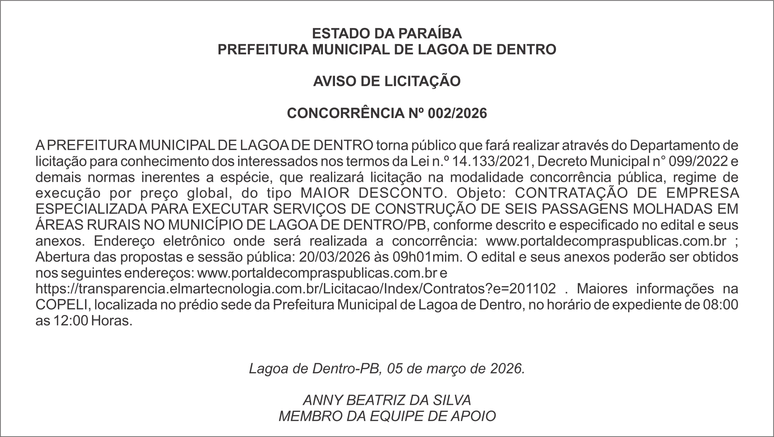 PREFEITURA MUNICIPAL DE LAGOA DE DENTRO – AVISO DE LICITAÇÃO  CONCORRÊNCIA Nº 002/2026