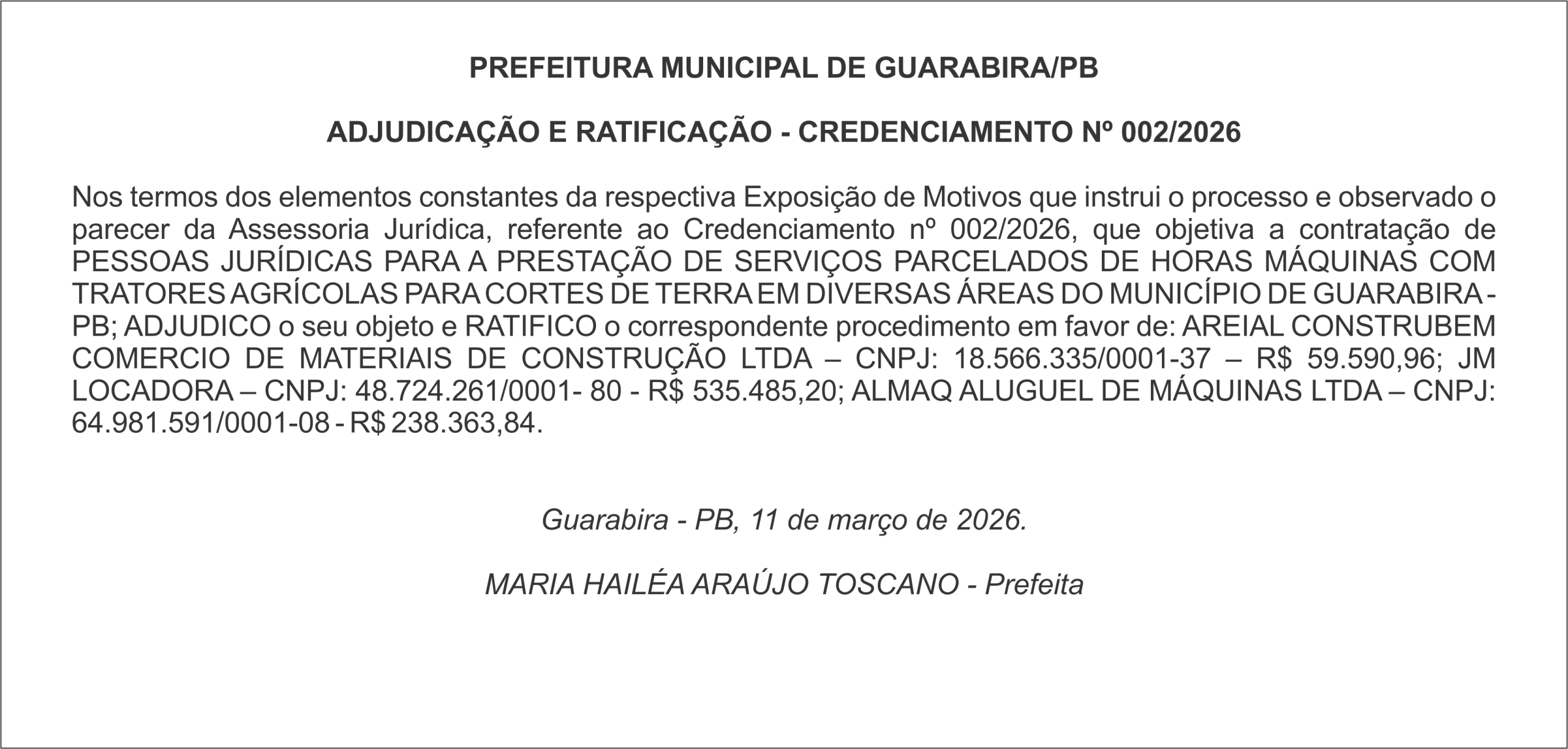PREFEITURA MUNICIPAL DE GUARABIRA/PB ADJUDICAÇÃO E RATIFICAÇÃO – CREDENCIAMENTO Nº 002/2026