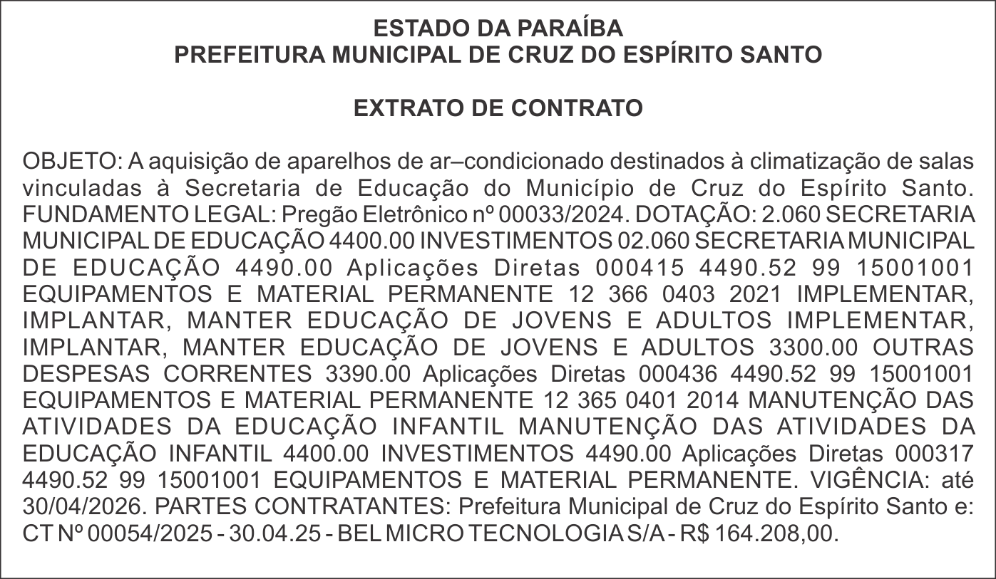 PREFEITURA MUNICIPAL DE CRUZ DO ESPÍRITO SANTO – EXTRATO DE CONTRATO