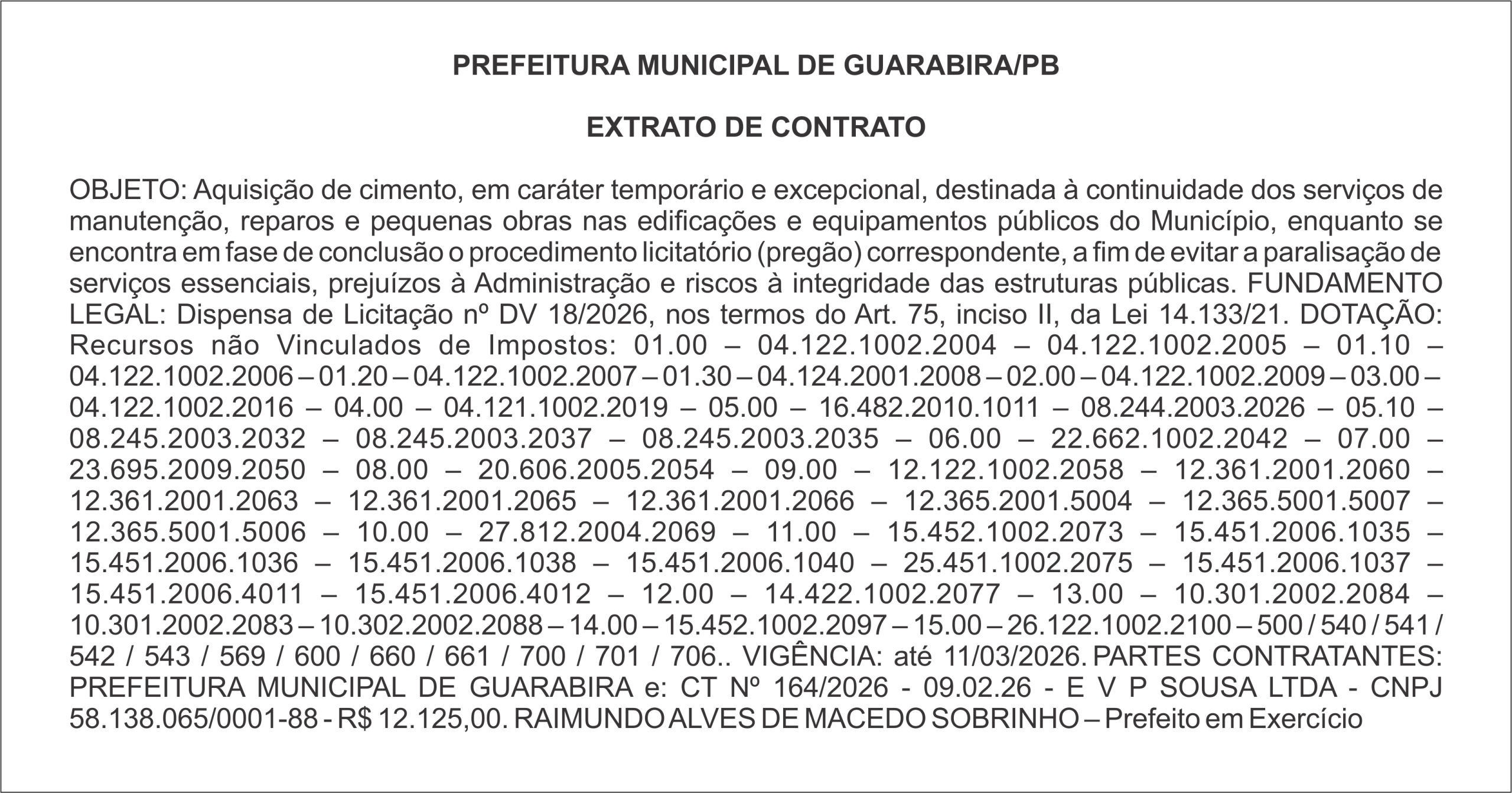 PREFEITURA MUNICIPAL DE GUARABIRA/PB  EXTRATO DE CONTRATO