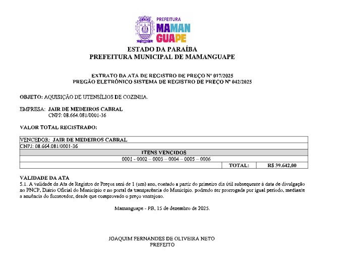 PREFEITURA MUNICIPAL DE MAMANGUAPE – EXTRATO DA ATA DE REGISTRO DE PREÇO Nº 017/2025