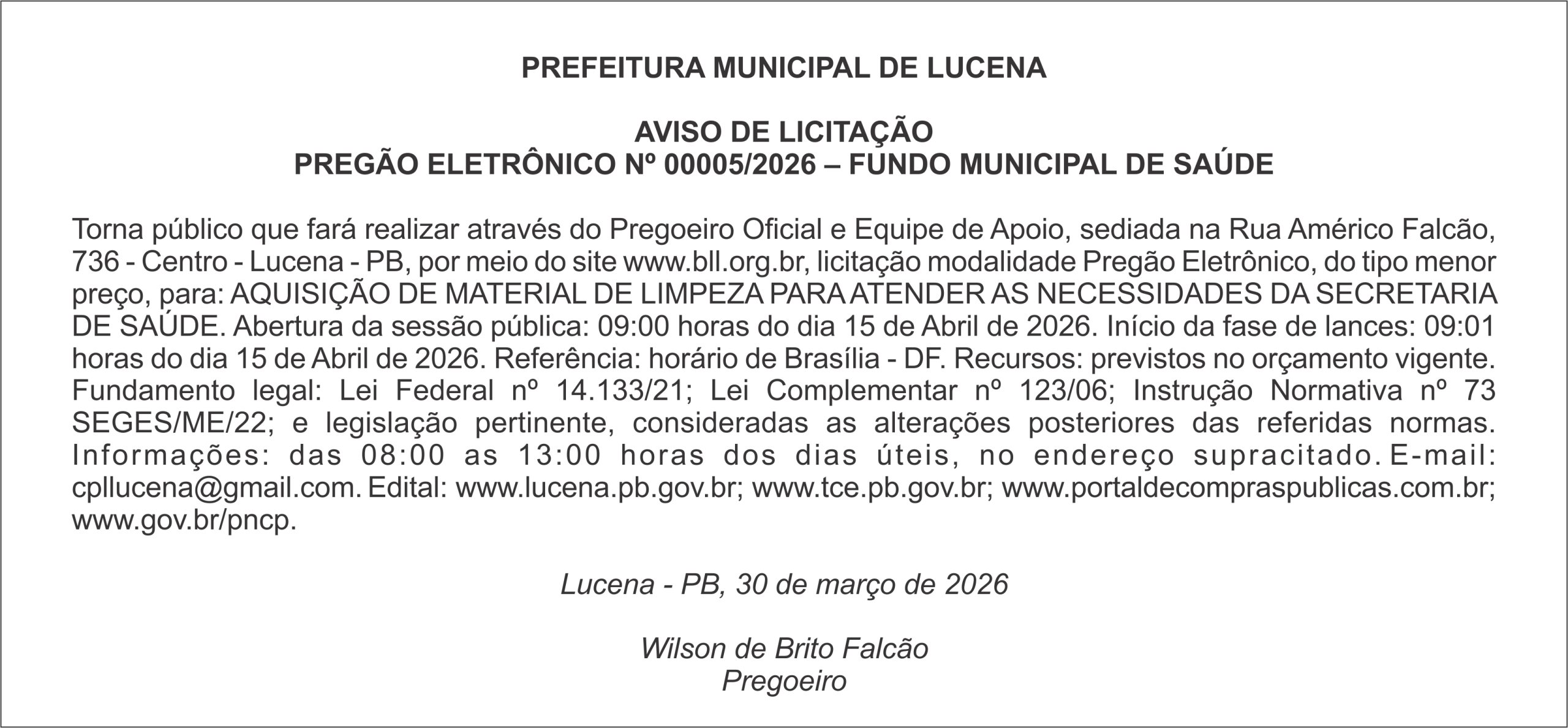 PREFEITURA DE LUCENA – AVISO DE LICITAÇÃO – PREGÃO ELETRÔNICO Nº 00005/2026