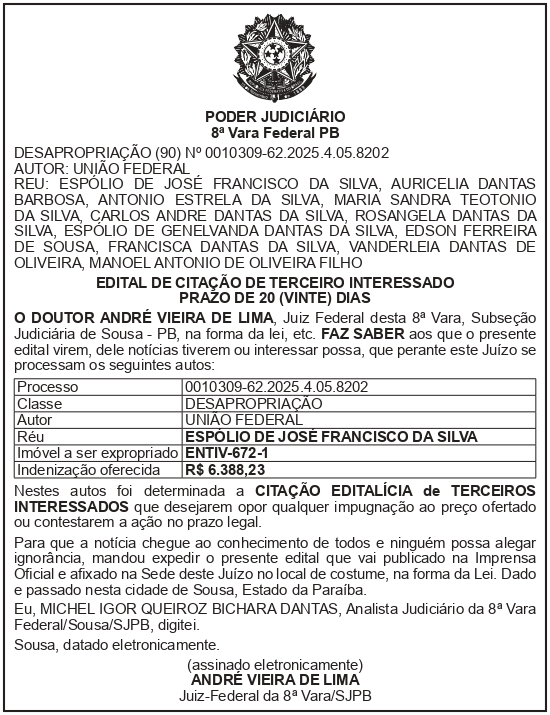 SECRETARIA NACIONAL DE SEGURANÇA HIDRICA – SNSH – MDR – DF – BRASÍLIA – Edital de Citação de Terceiro Interessado – ENTIV-672-1 (ESPÓLIO DE JOSÉ FRANCISCO DA SILVA)