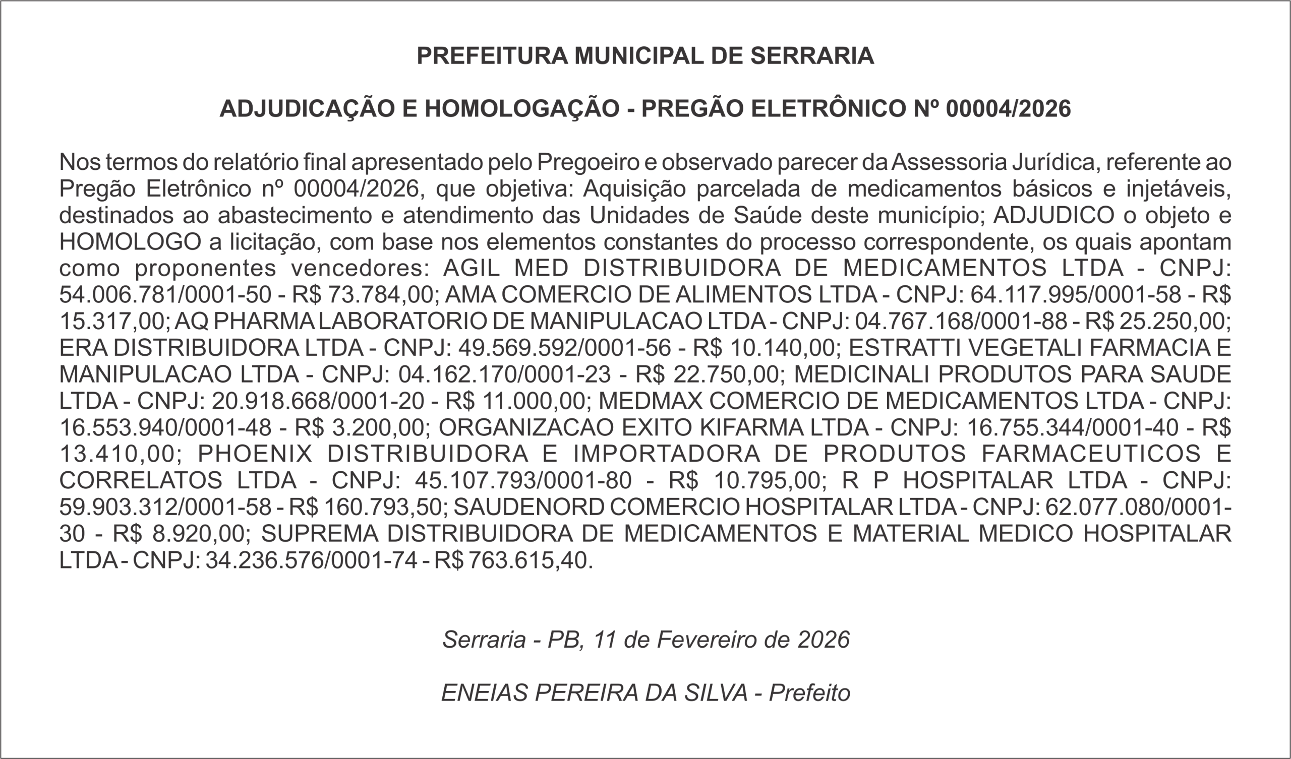 PREFEITURA MUNICIPAL DE SERRARIA – ADJUDICAÇÃO E HOMOLOGAÇÃO – PREGÃO ELETRÔNICO Nº 00004/2026