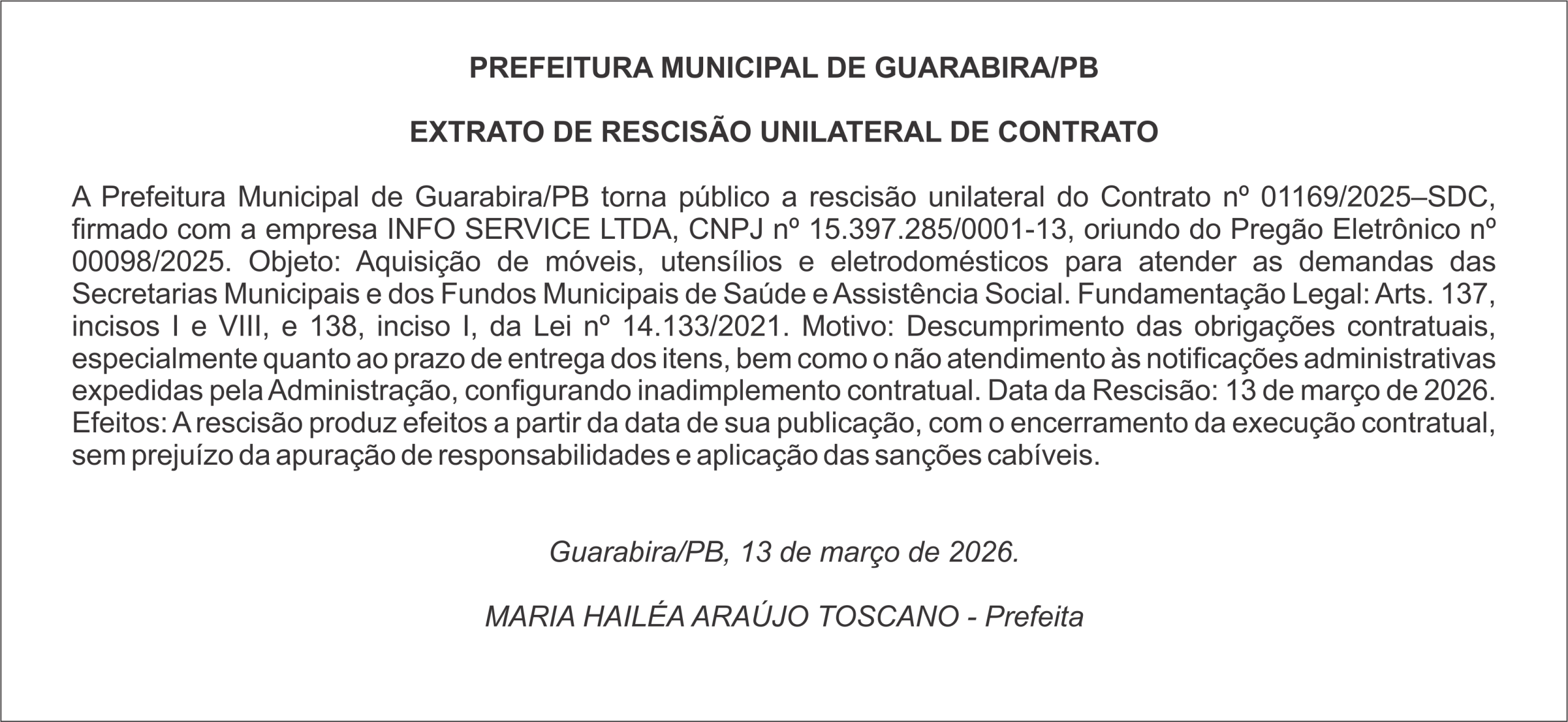 PREFEITURA MUNICIPAL DE GUARABIRA/PB – EXTRATO DE RESCISÃO UNILATERAL DE CONTRATO