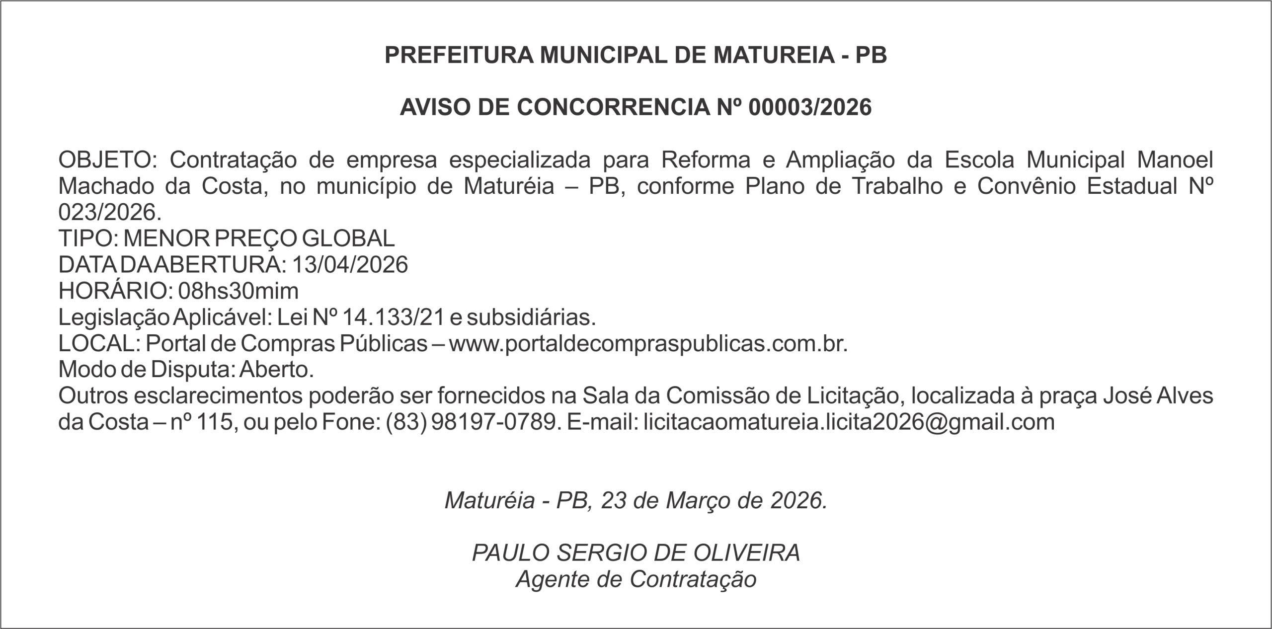 PREFEITURA MUNICIPAL DE MATUREIA – PB – AVISO DE CONCORRENCIA Nº 00003/2026