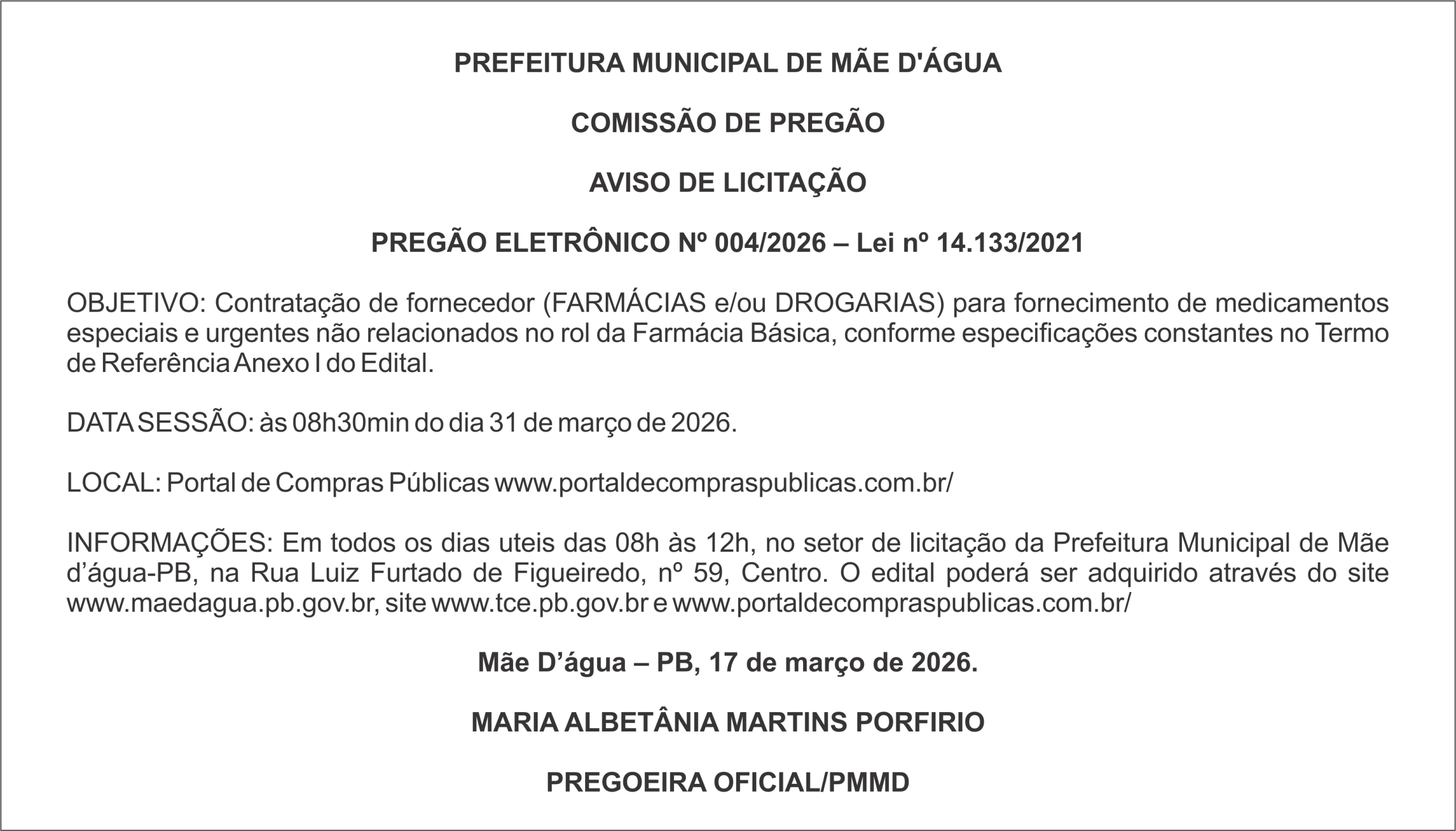 PREFEITURA DE MÃE D’ÁGUA – PREGÃO ELETRÔNICO Nº 004/2026