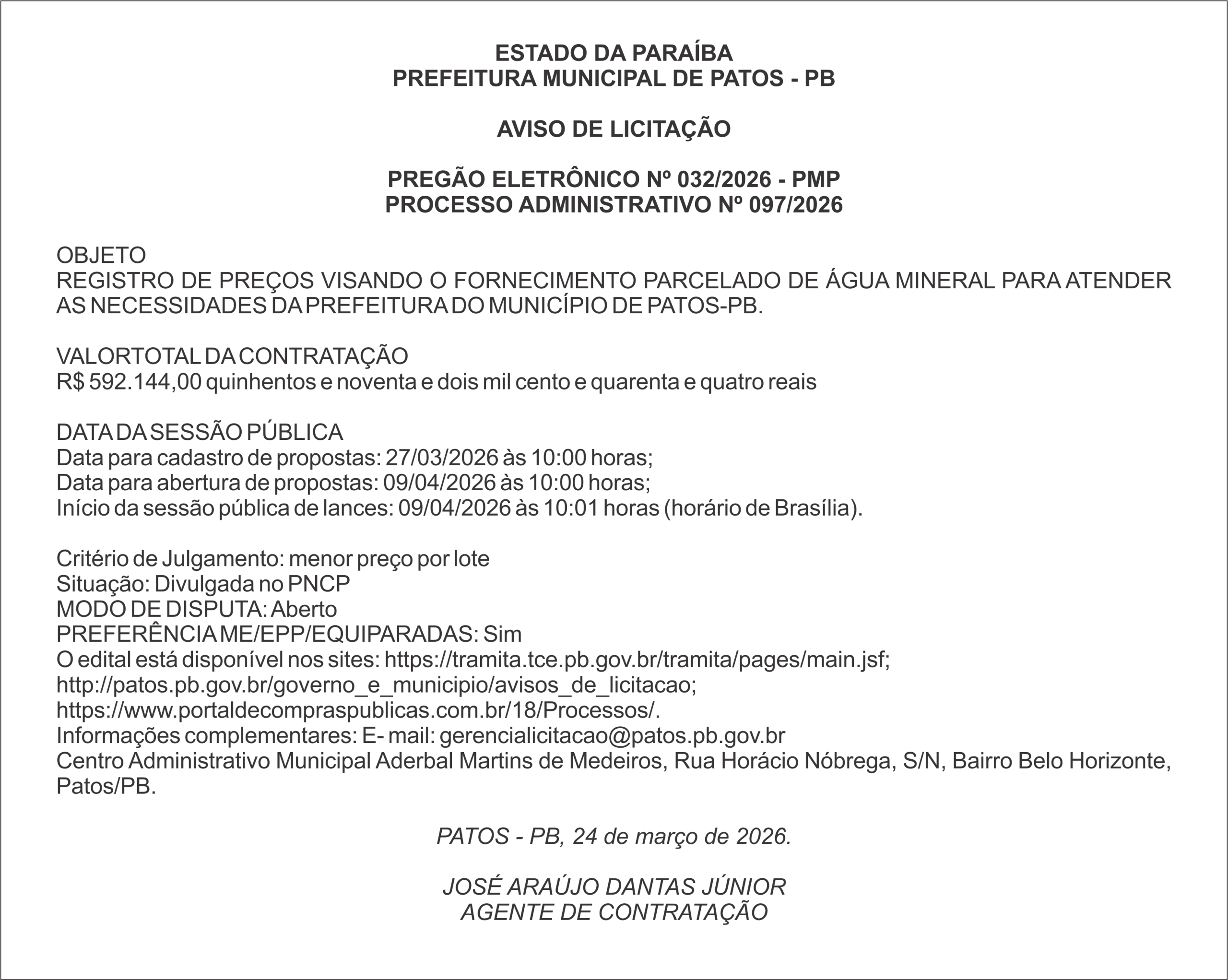 PREFEITURA MUNICIPAL DE PATOS – PB PREGÃO ELETRÔNICO Nº 032/2026 – PMP
