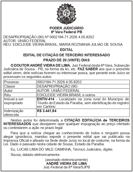 SECRETARIA NACIONAL DE SEGURANÇA HIDRICA – SNSH – MDR – DF – BRASÍLIA – Edital de Citação de Terceiro Interessado – ENTIV-414 (EDICLEIDE VIEIRA BRASIL)