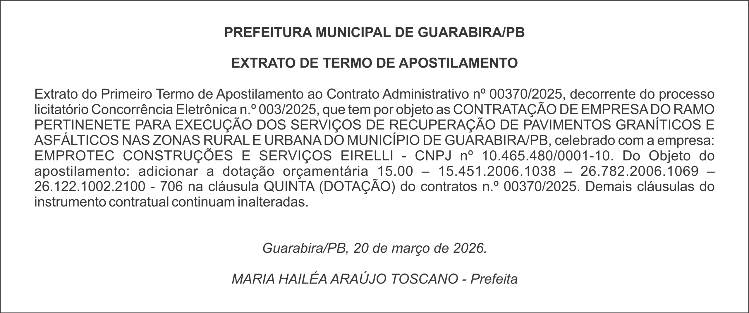 PREFEITURA MUNICIPAL DE GUARABIRA/PB EXTRATO DE TERMO DE APOSTILAMENTO