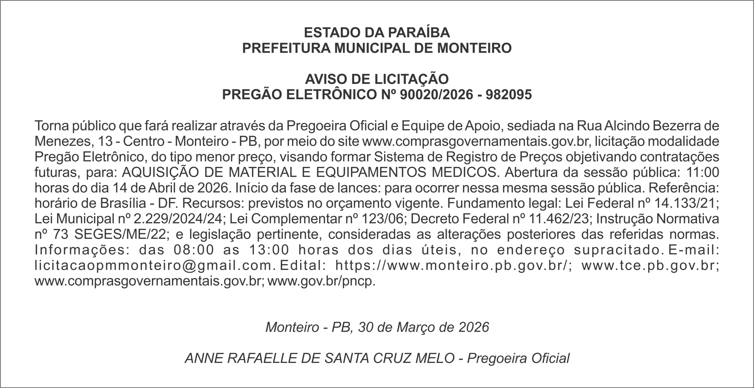 PREFEITURA MUNICIPAL DE MONTEIRO –  AVISO DE LICITAÇÃO PREGÃO ELETRÔNICO Nº 90020/2026 – 982095