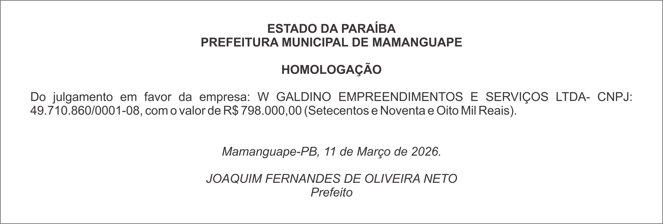 PREFEITURA MUNICIPAL DE MAMANGUAPE – HOMOLOGAÇÃO
